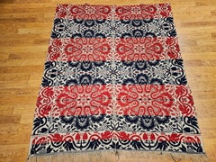 Mid-19th Century Tri Color American Jacquard Coverlet in Red, Blue & White