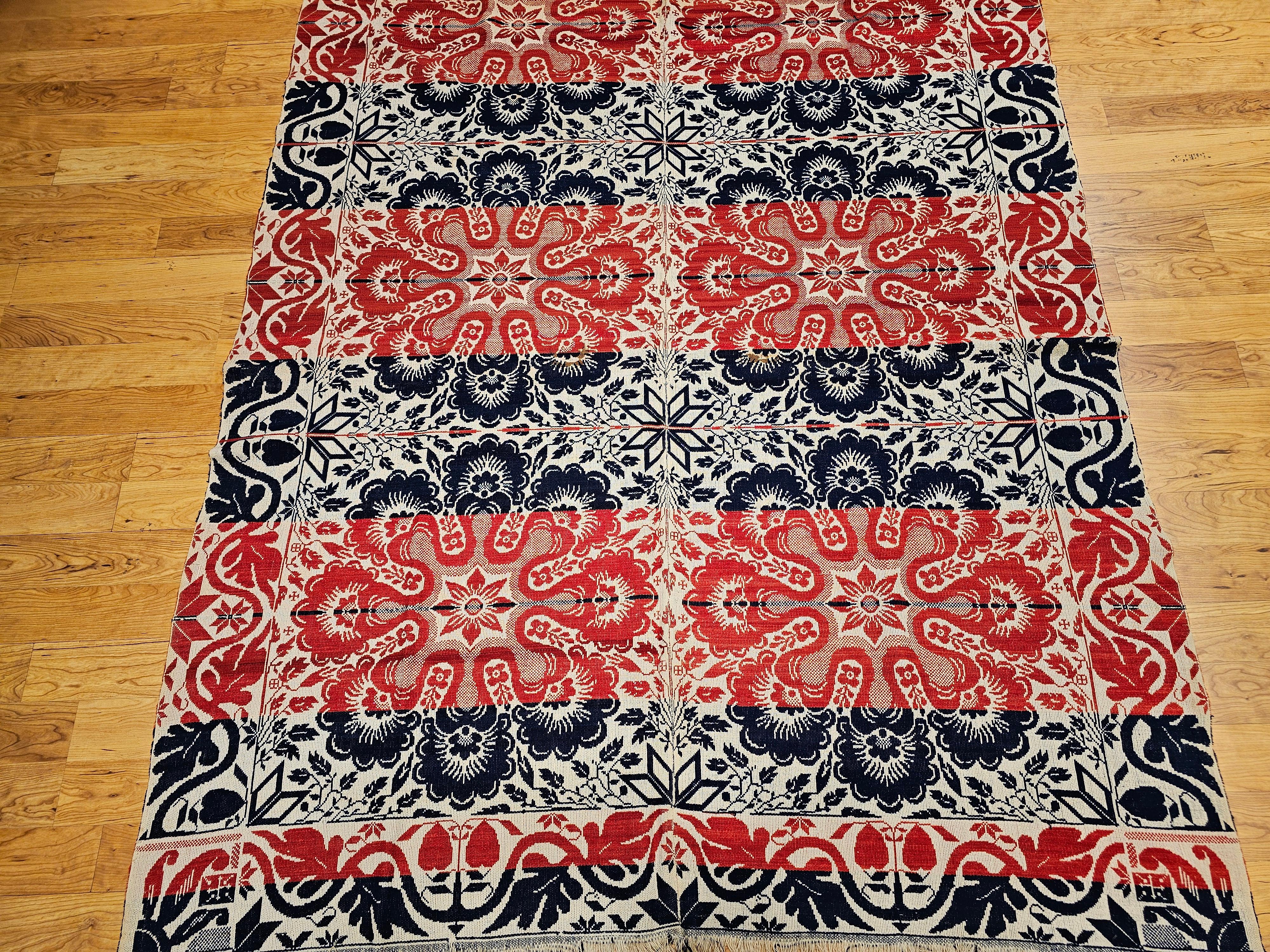 Hand-Crafted Mid-19th Century Tri Color American Jacquard Coverlet in Red, Blue & White For Sale