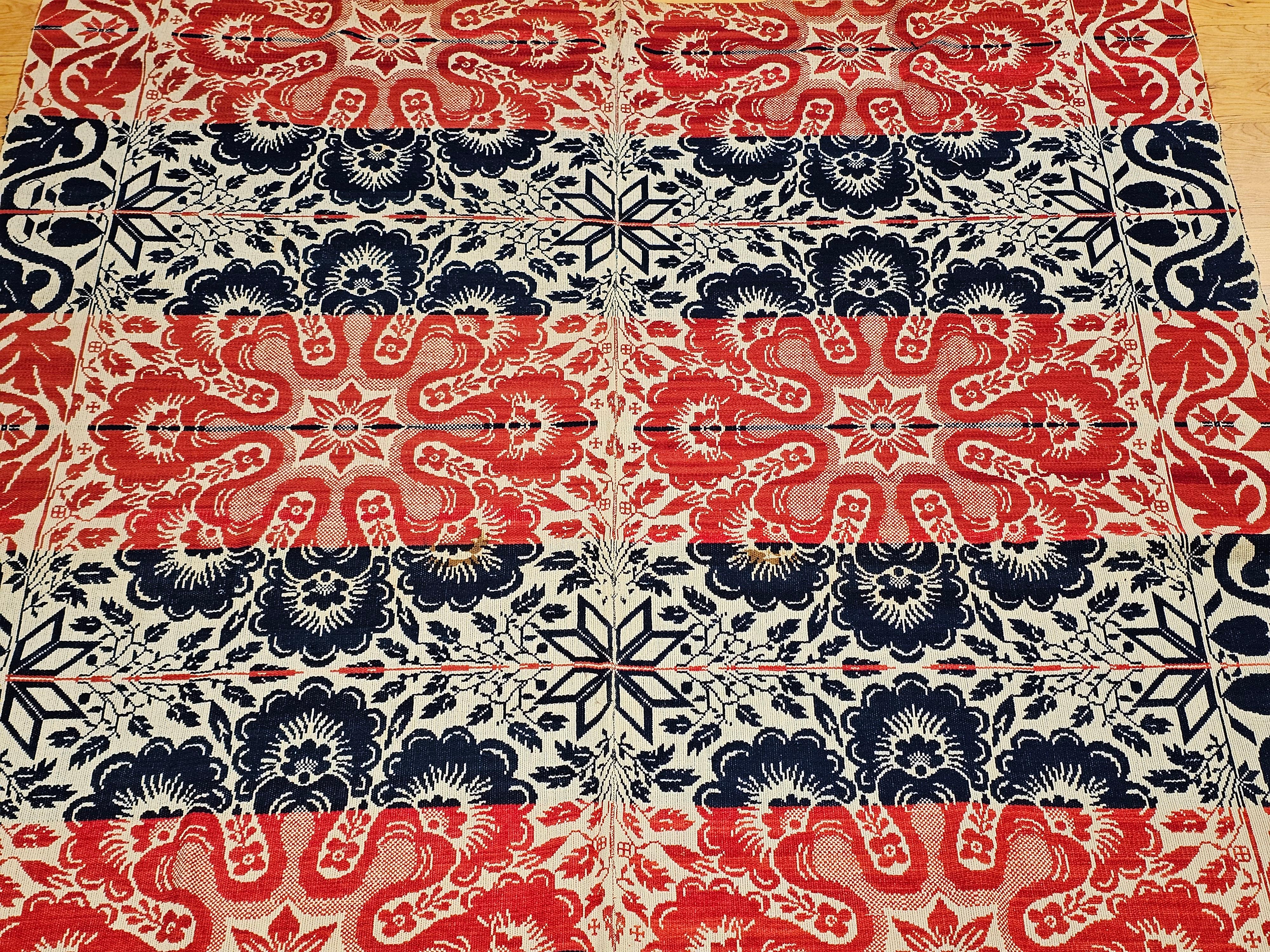 Mid-19th Century Tri Color American Jacquard Coverlet in Red, Blue & White In Good Condition For Sale In Barrington, IL