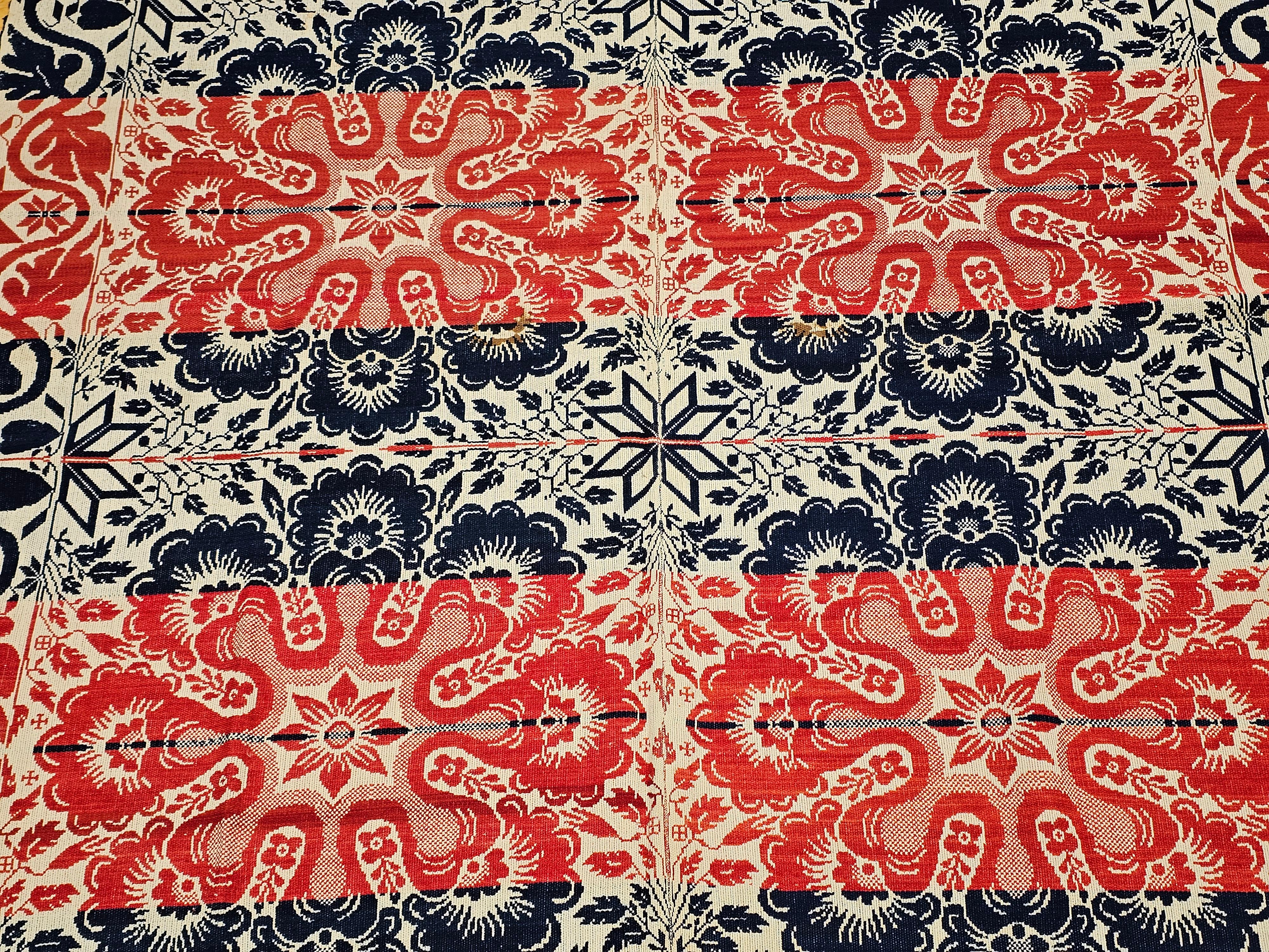 Mid-19th Century Tri Color American Jacquard Coverlet in Red, Blue & White For Sale 1