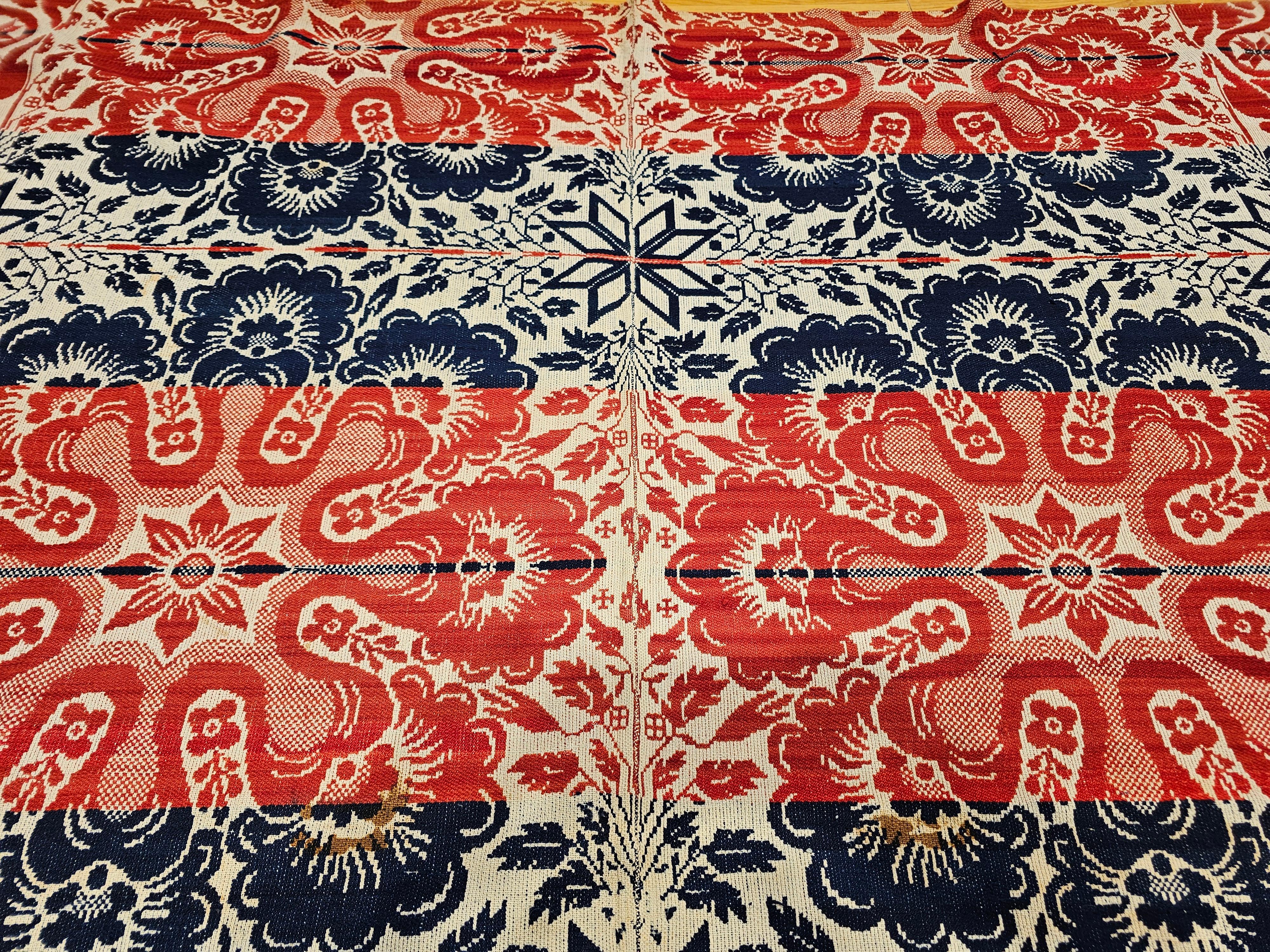 Mid-19th Century Tri Color American Jacquard Coverlet in Red, Blue & White For Sale 2