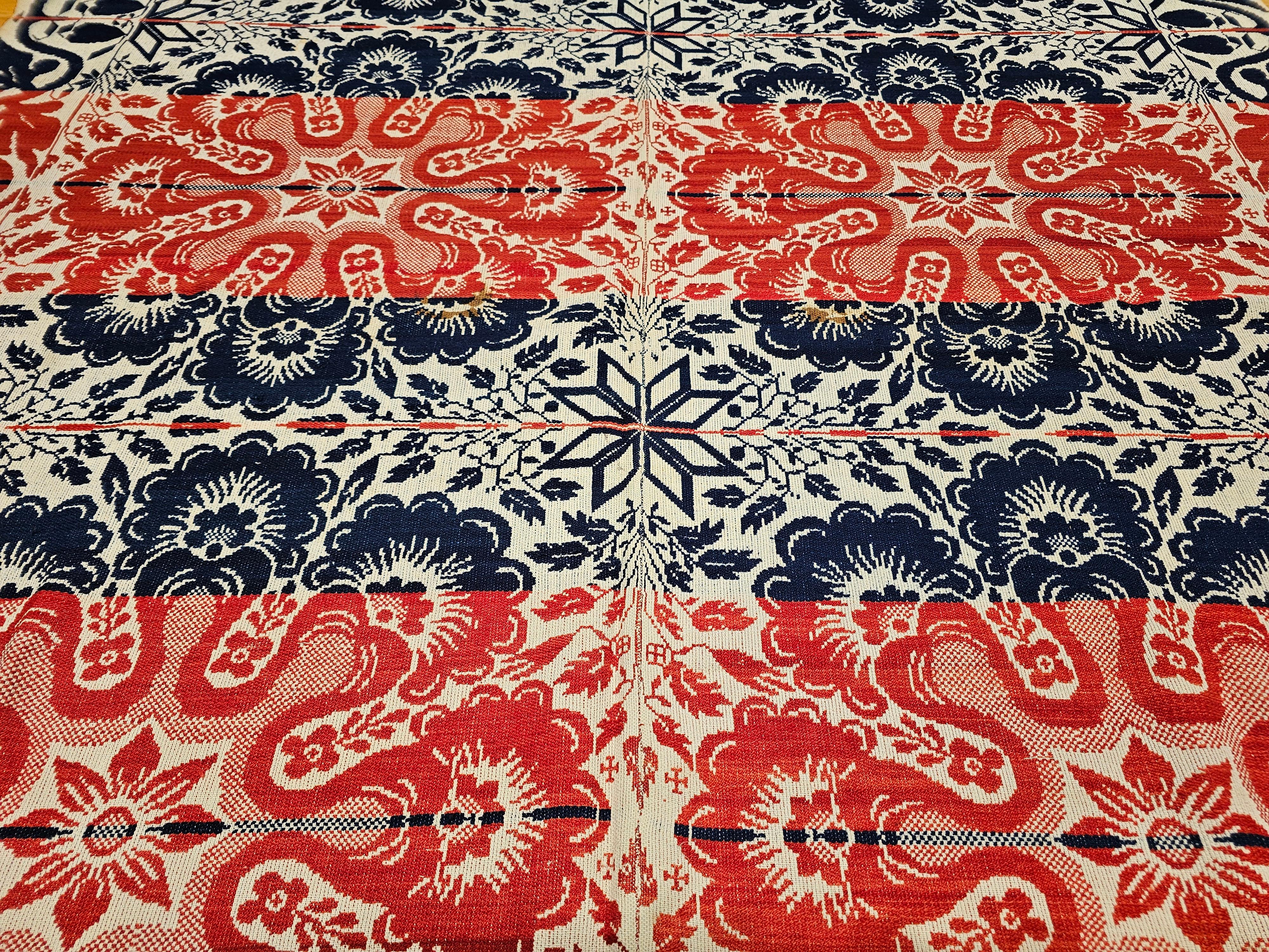 Mid-19th Century Tri Color American Jacquard Coverlet in Red, Blue & White For Sale 3