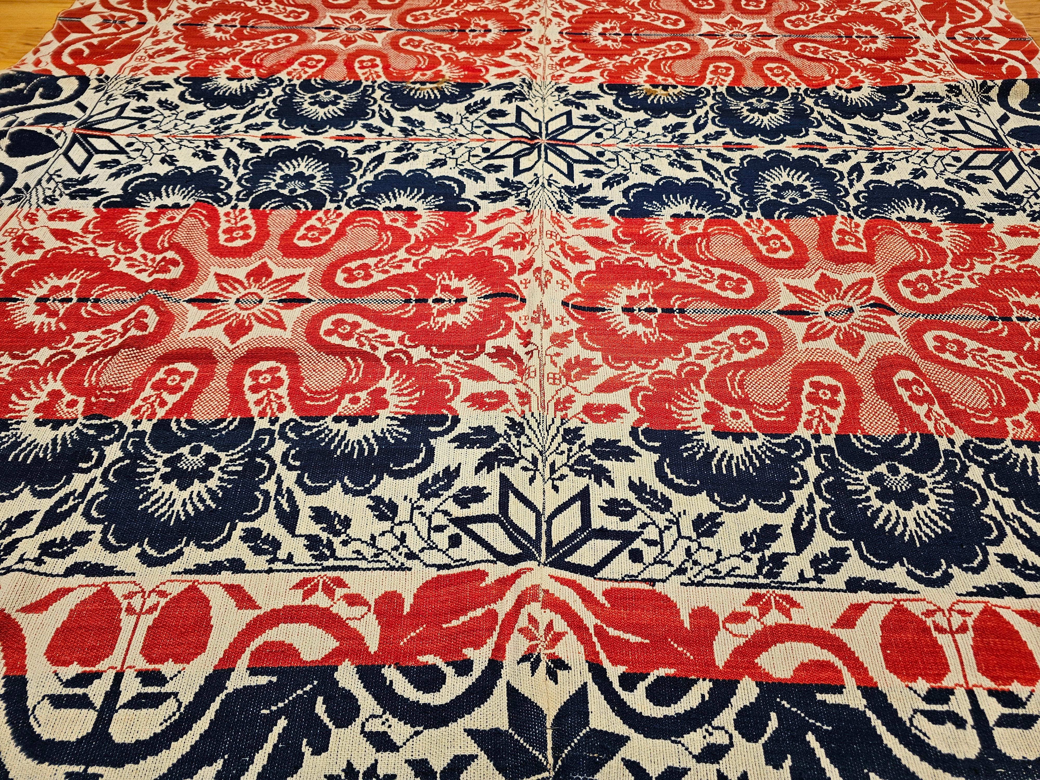 Mid-19th Century Tri Color American Jacquard Coverlet in Red, Blue & White For Sale 4