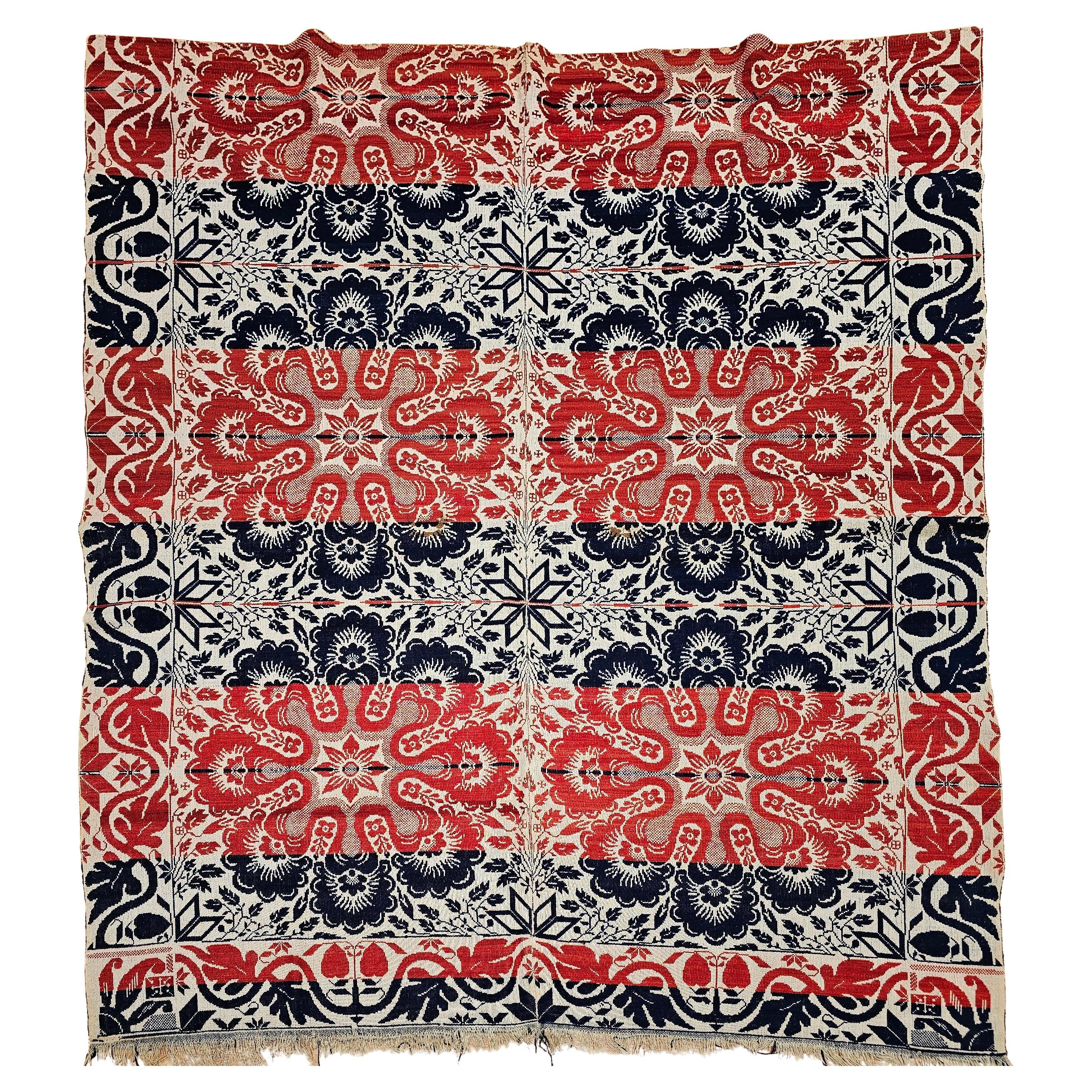 Mid-19th Century Tri Color American Jacquard Coverlet in Red, Blue & White