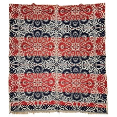 Antique Mid-19th Century Tri Color American Jacquard Coverlet in Red, Blue & White