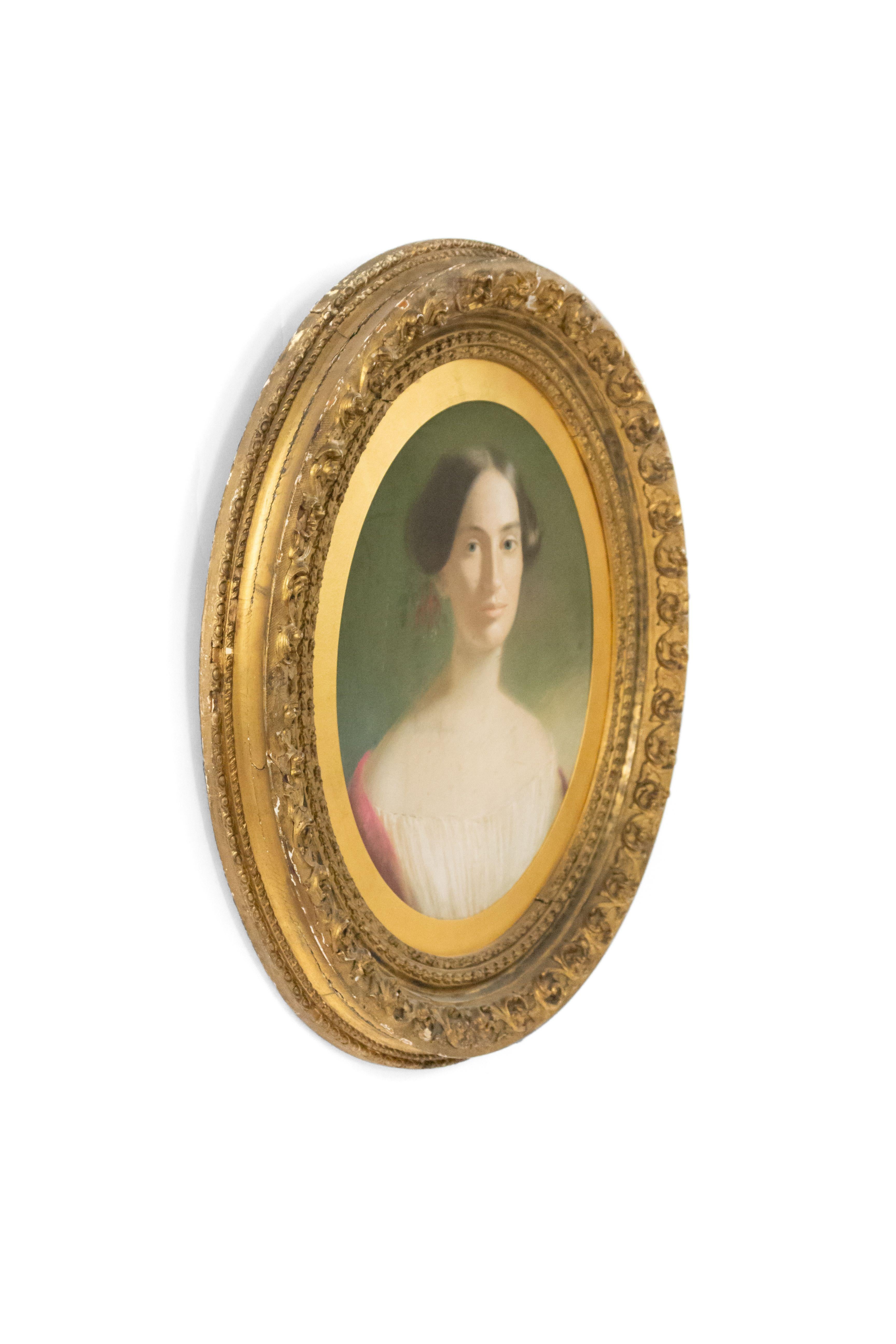 19th Century American Victorian Lady Pastel Portrait in an Oval Frame For Sale 1