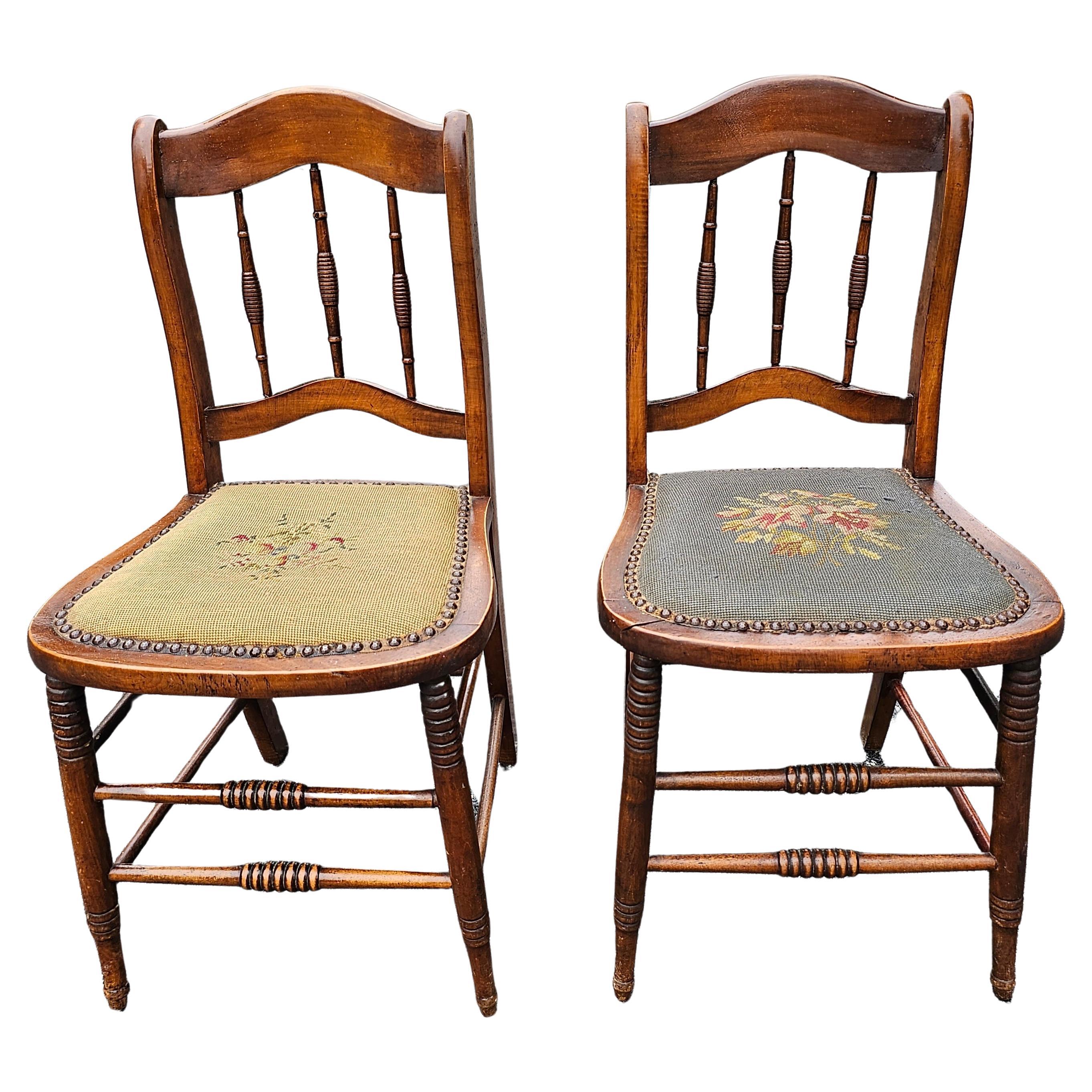 Pair of 19th Century Victorian  American Walnut and Needlepoint Upholstered Seat Side Chairs. Measures 17