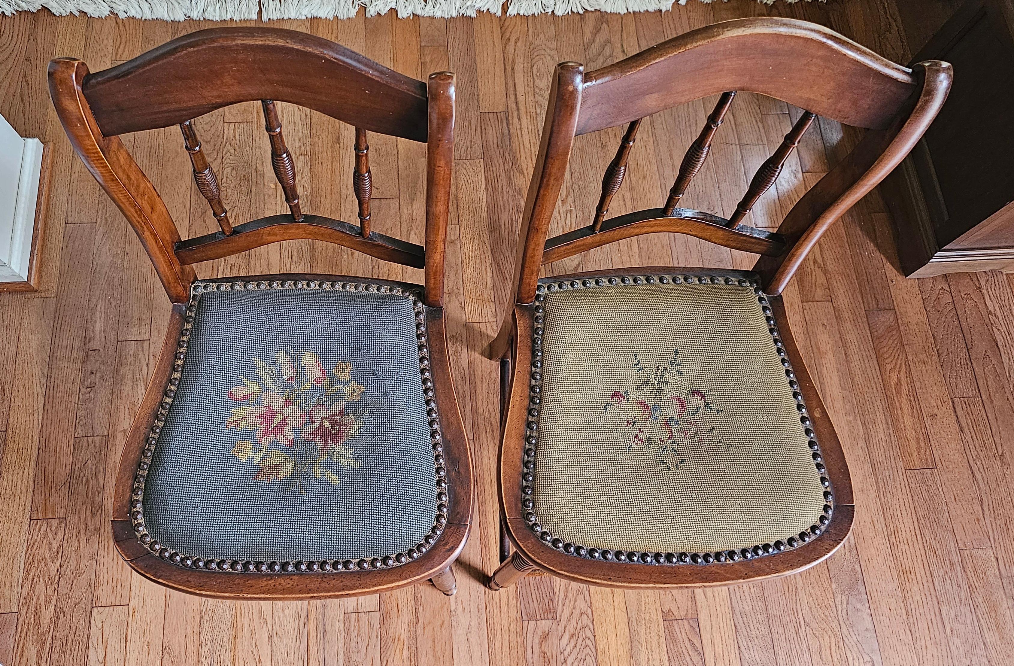 Victorian 19th Century American Walnut and Needlepoint Upholstered Seat Side Chairs, Pair For Sale
