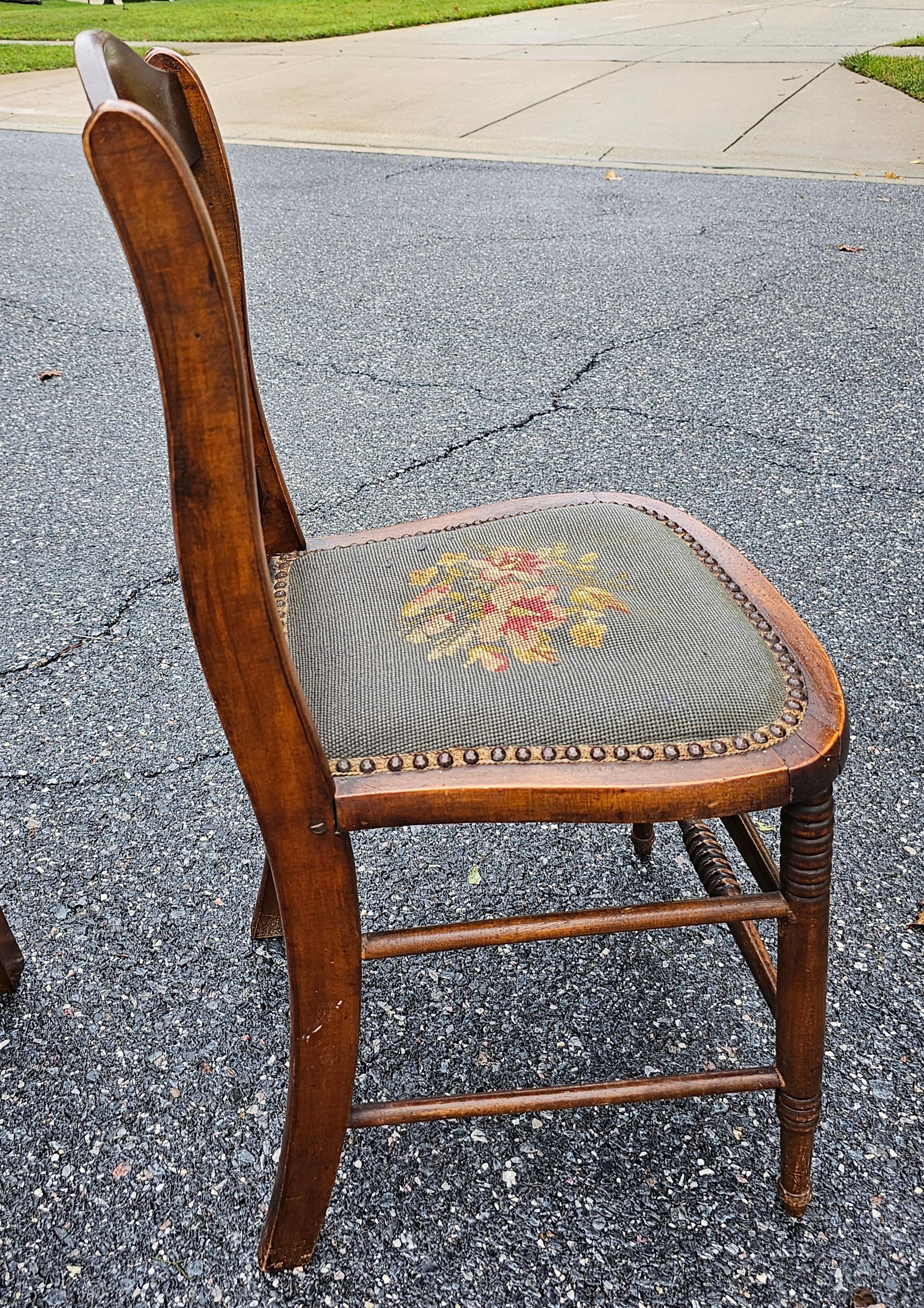 19th Century American Walnut and Needlepoint Upholstered Seat Side Chairs, Pair For Sale 2