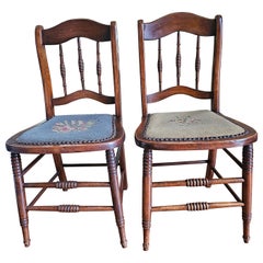 19th Century American Walnut and Needlepoint Upholstered Seat Side Chairs, Pair