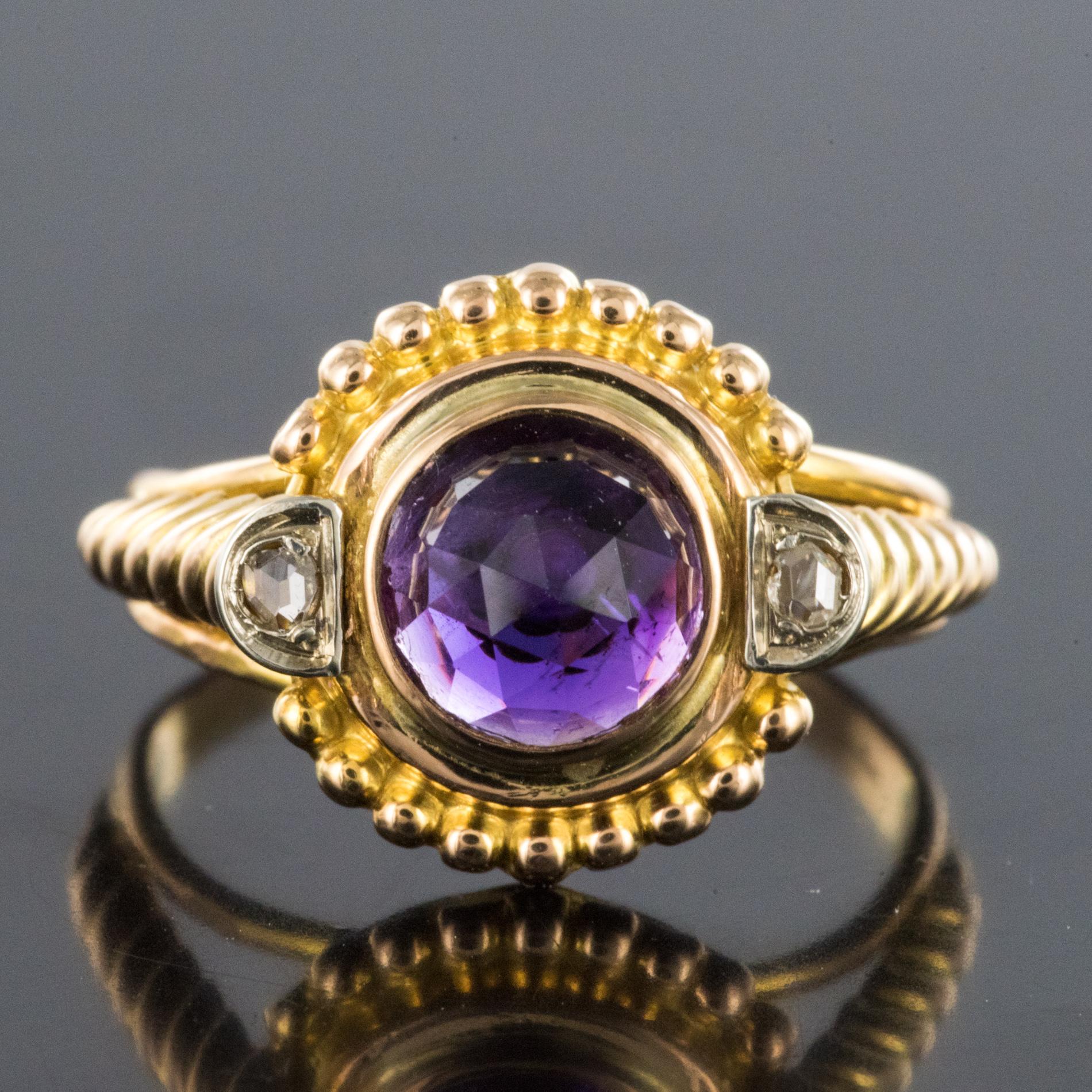 Napoleon III 19th Century Amethyst Diamonds 18 Karat Yellow Gold Ring For Sale