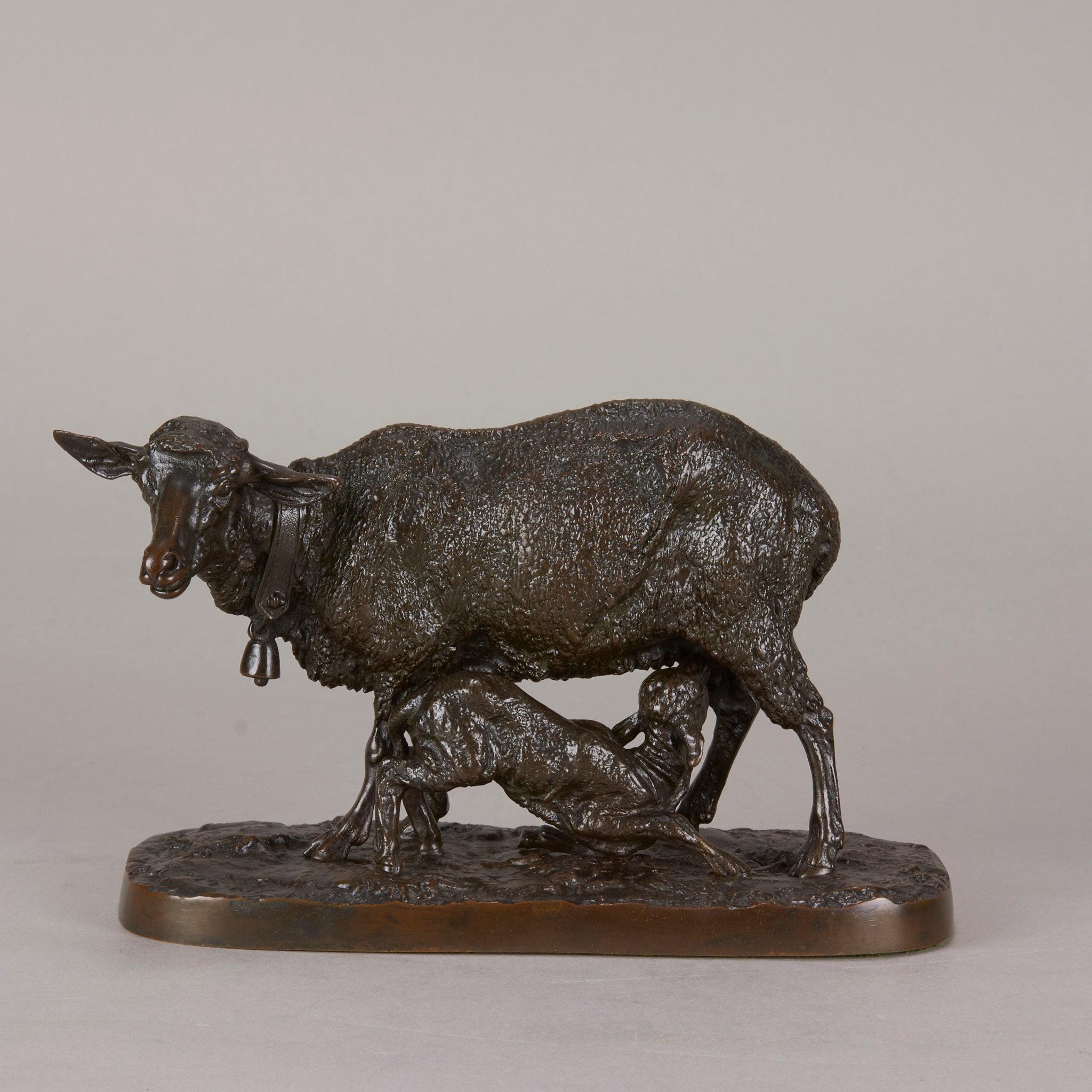 Wonderful 19th Century animalier bronze group of a standing ewe with her feeding lamb beneath her, the bronze with excellent rich brown patina and very fine hand chased surface detail, raised on a naturalistic base, signed P J Mêne and inscribed