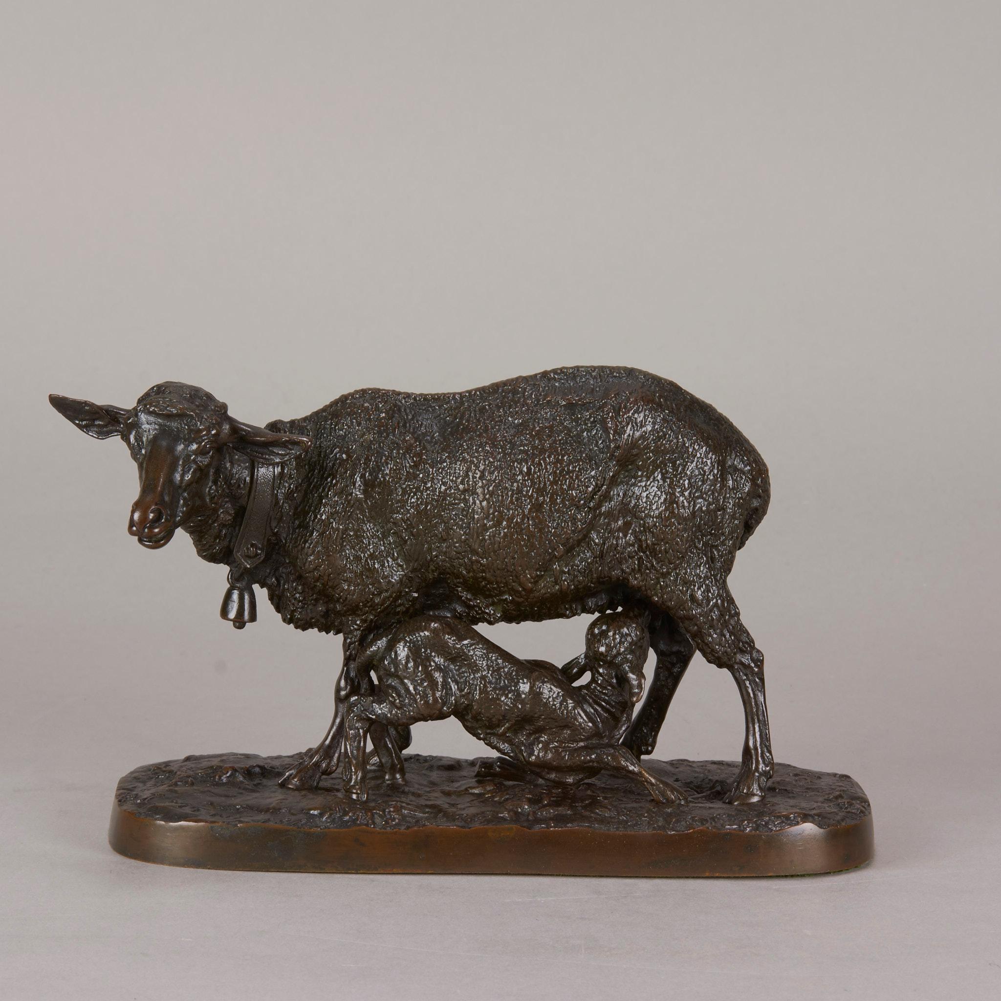 Splendido gruppo in bronzo animalier del XIX secolo raffigurante una pecora in piedi con il suo agnello da latte sotto di lei. Il bronzo presenta un'eccellente patina marrone ricca e dettagli di superficie cesellati a mano, sollevati su una base