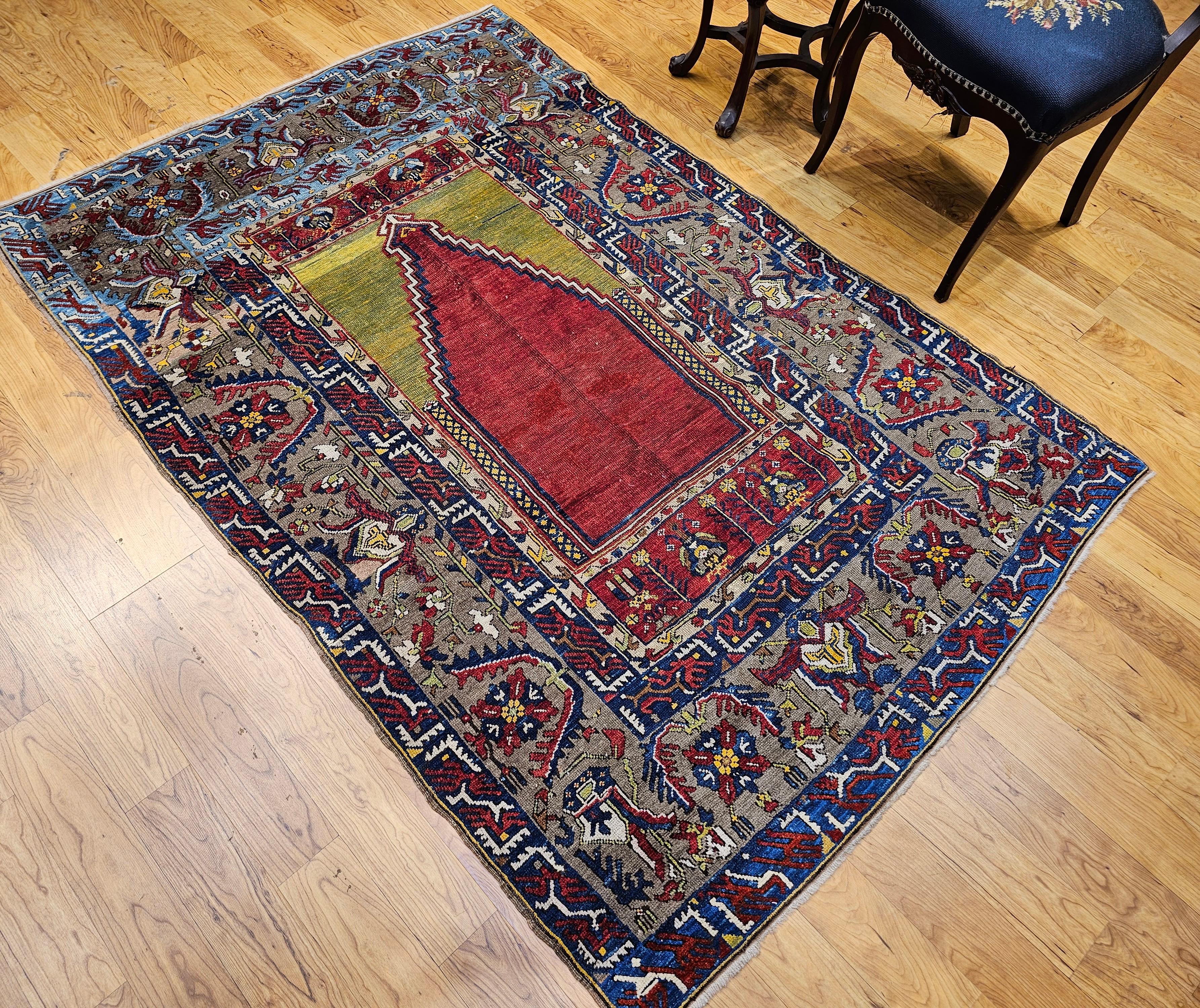 19. Jahrhundert Anatolischer Konya Ladik Gebetsteppich in Rot, Gelb, Blau im Angebot 5