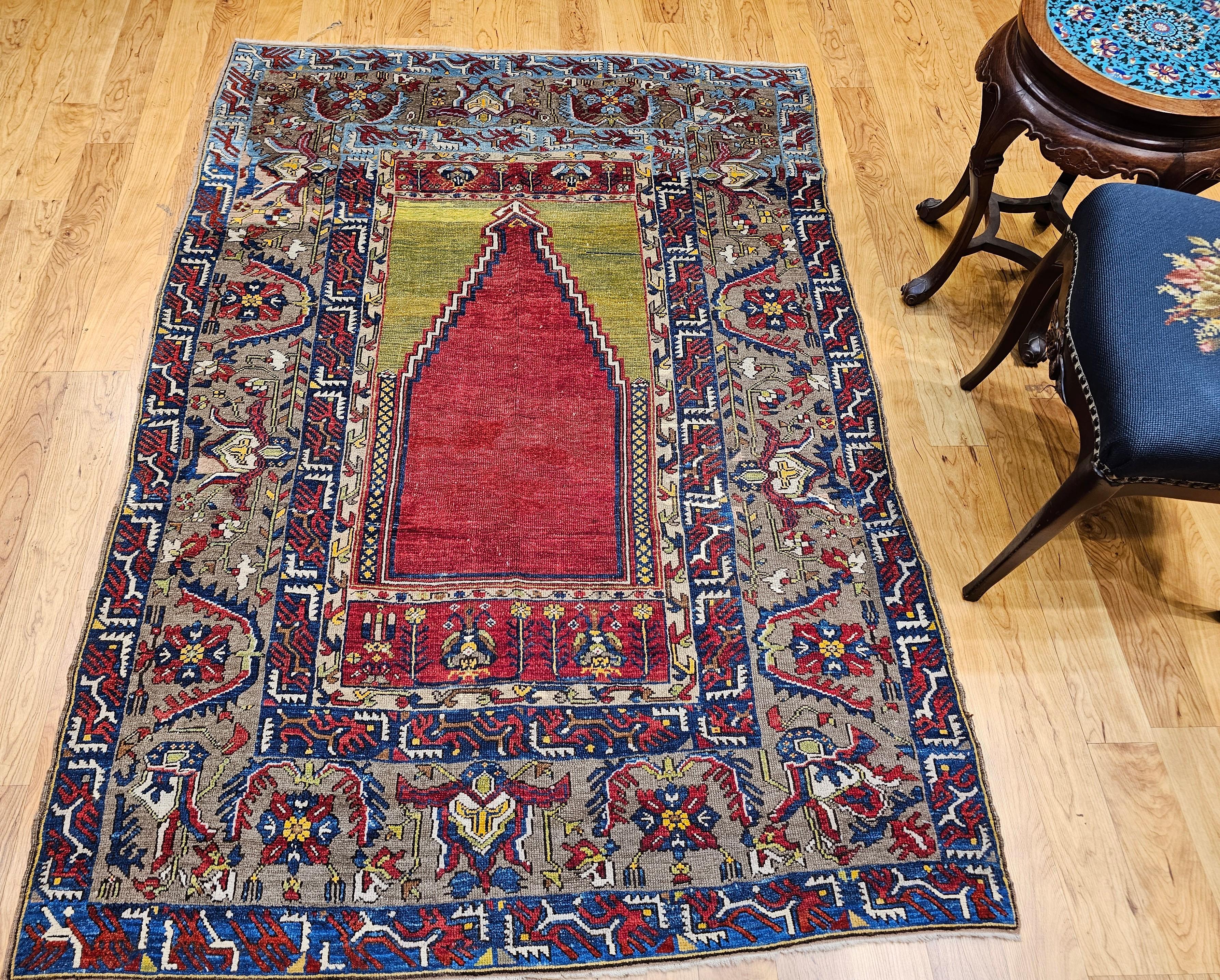 19. Jahrhundert Anatolischer Konya Ladik Gebetsteppich in Rot, Gelb, Blau im Angebot 6