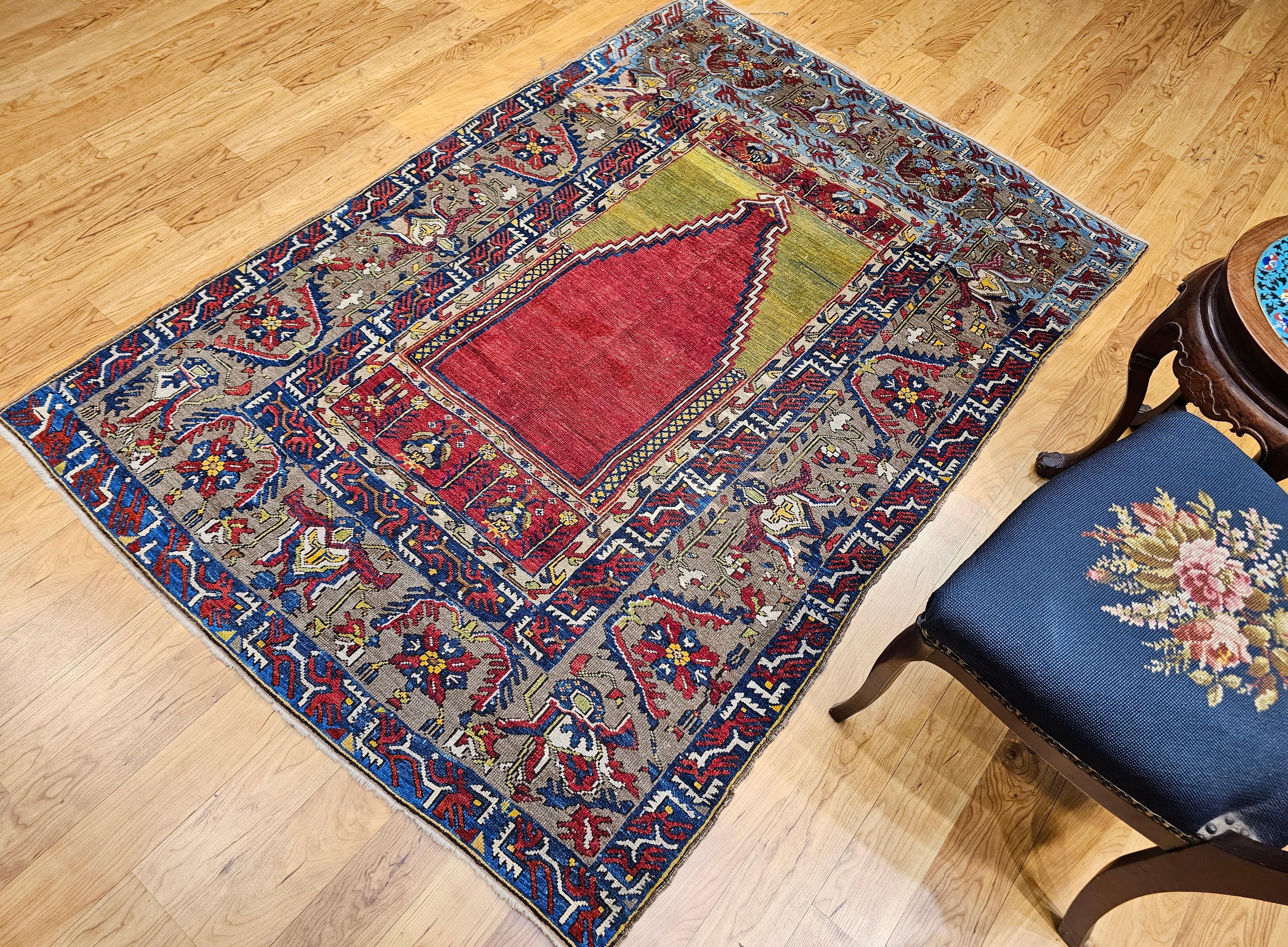 19. Jahrhundert Anatolischer Konya Ladik Gebetsteppich in Rot, Gelb, Blau im Angebot 7