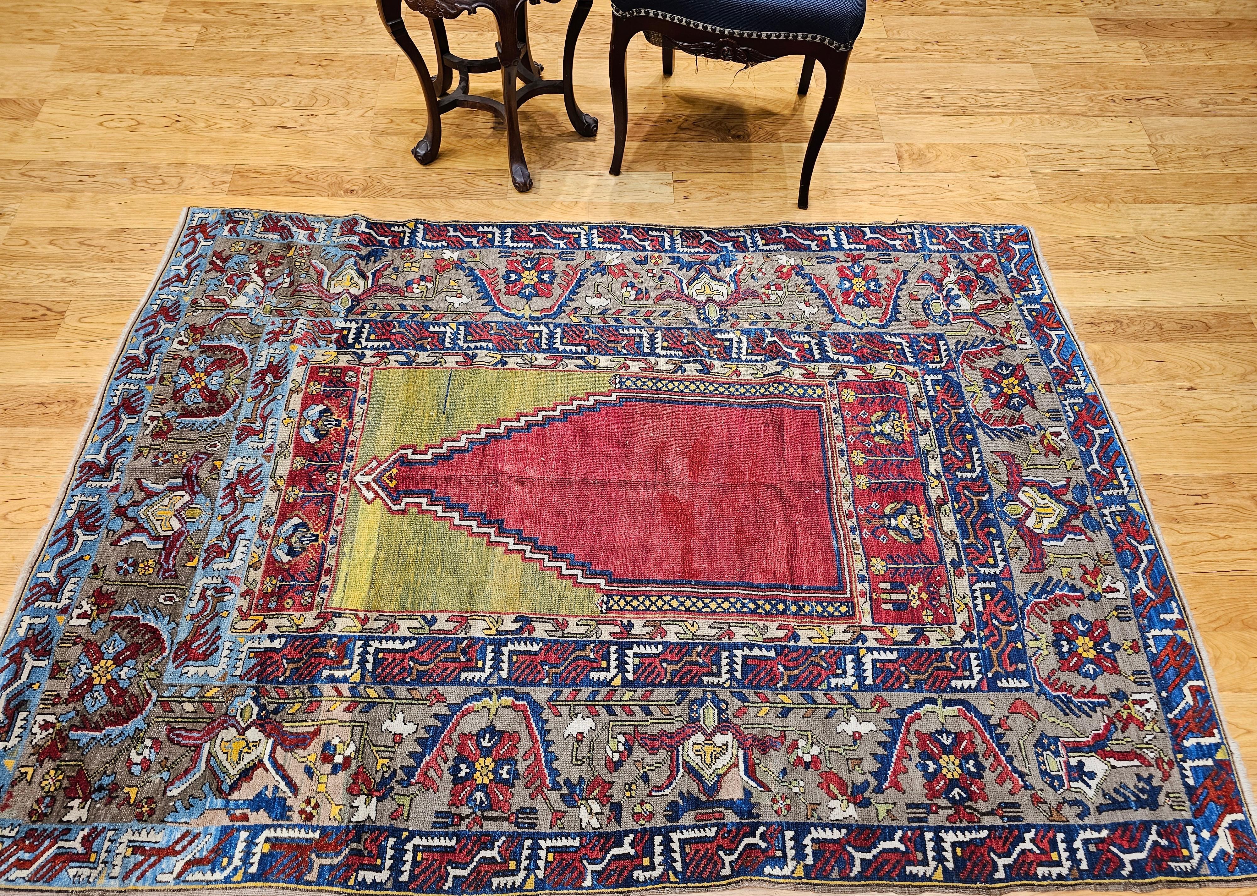 19. Jahrhundert Anatolischer Konya Ladik Gebetsteppich in Rot, Gelb, Blau im Angebot 8