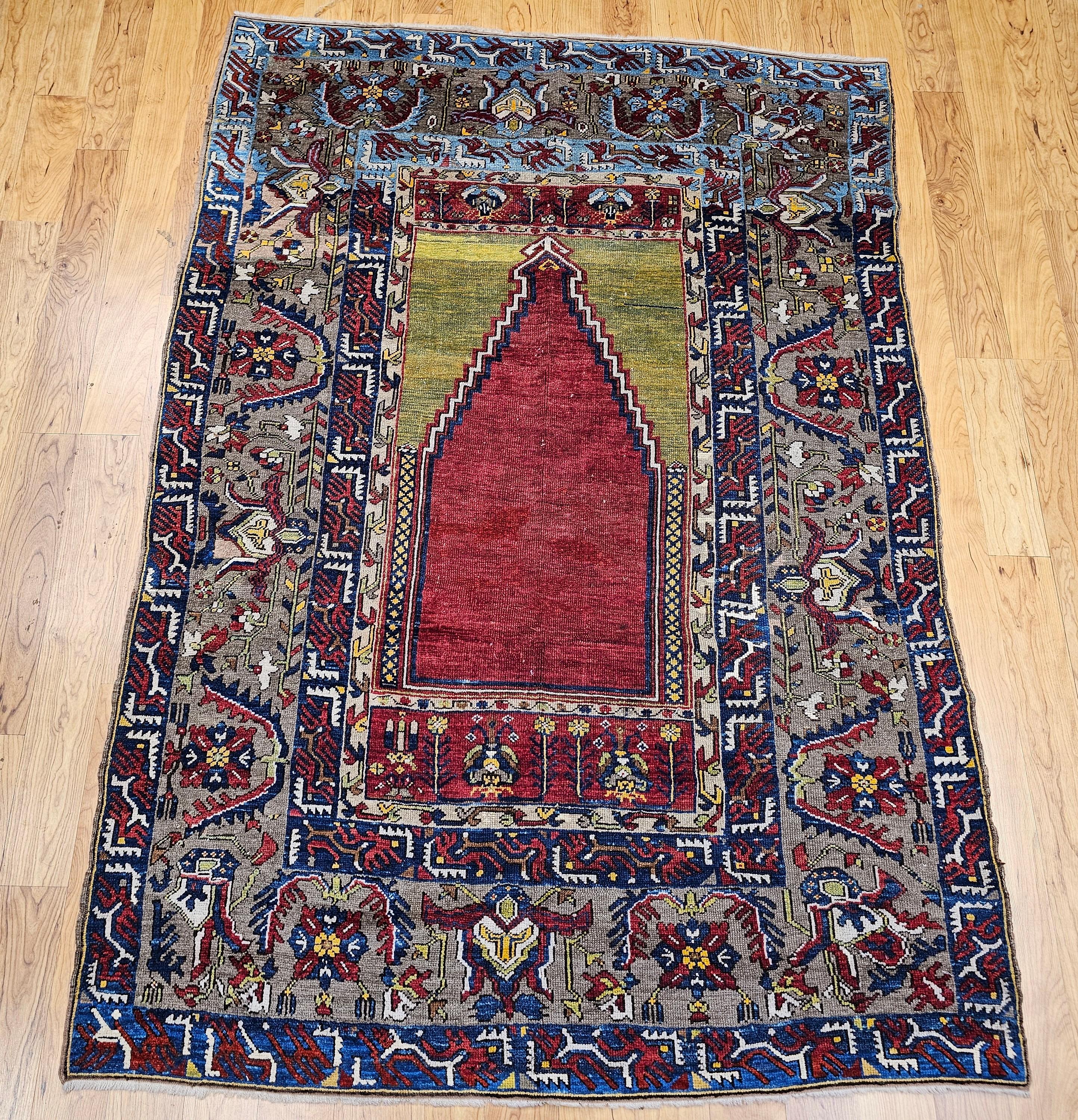 19. Jahrhundert Anatolischer Konya Ladik Gebetsteppich in Rot, Gelb, Blau im Angebot 9