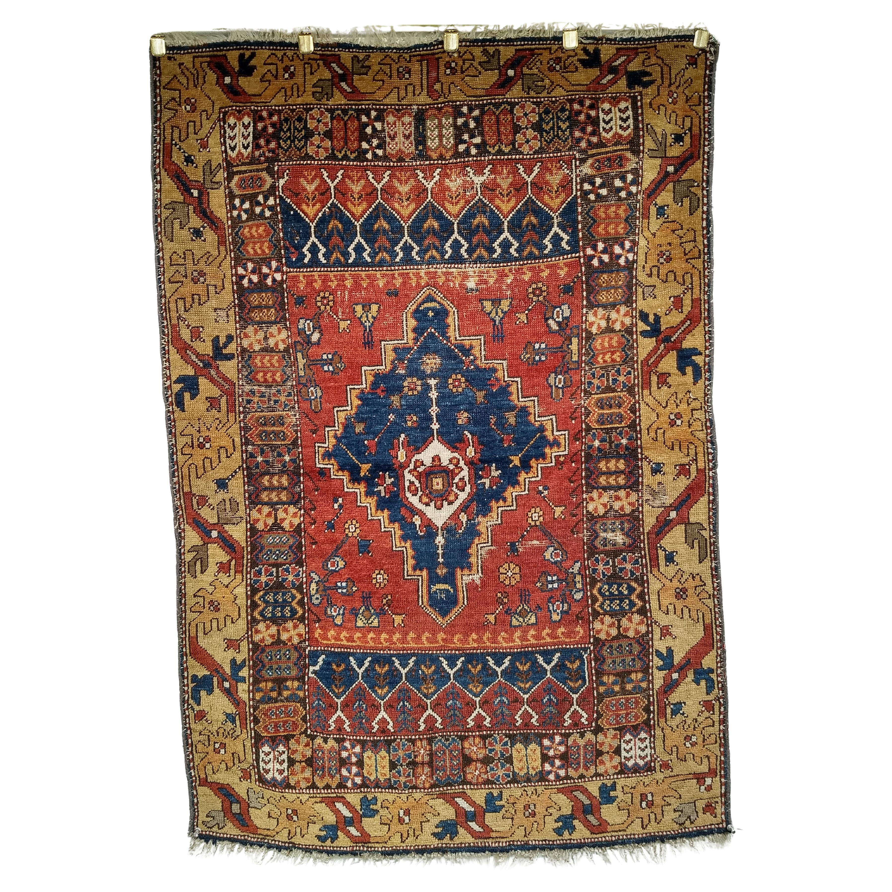 19th Century Anatolian Village Area Rug in Red, Navy 
Yellow