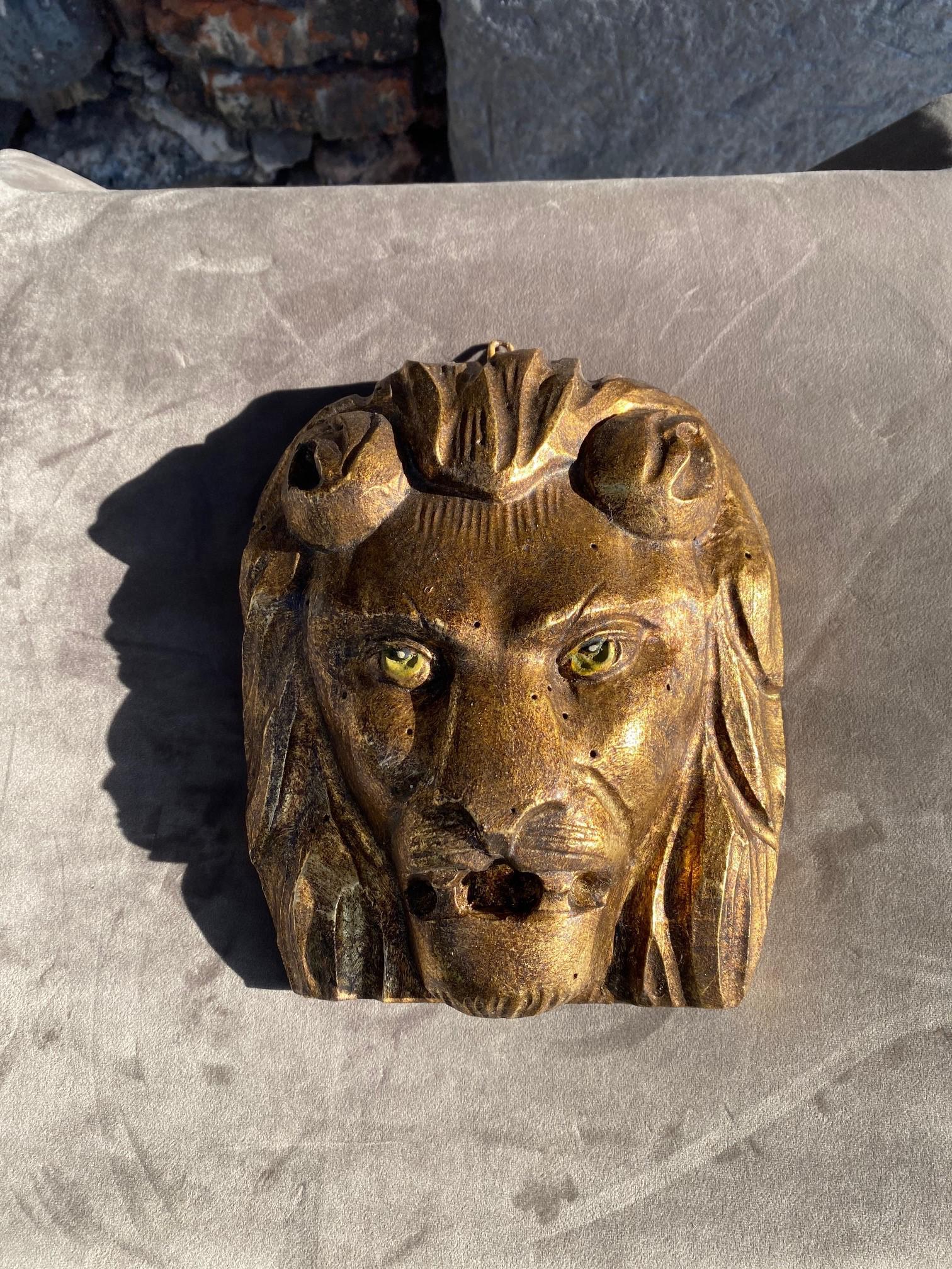 Hand-Carved 19th Century Ancient Golden Wooden Lion's Head Wall Sculpture