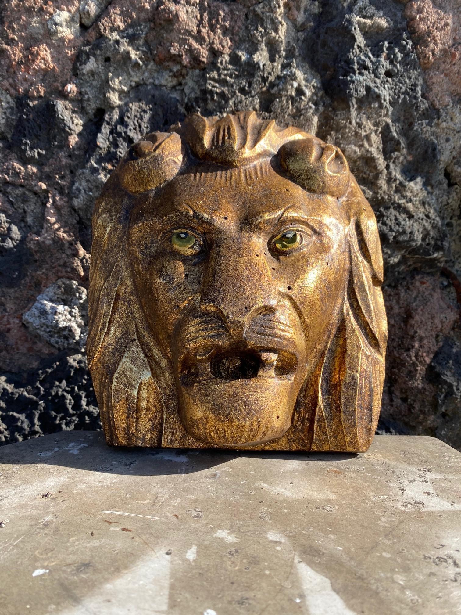 19th Century Ancient Golden Wooden Lion's Head Wall Sculpture 1