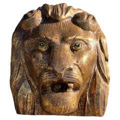 Antique 19th Century Ancient Golden Wooden Lion's Head Wall Sculpture