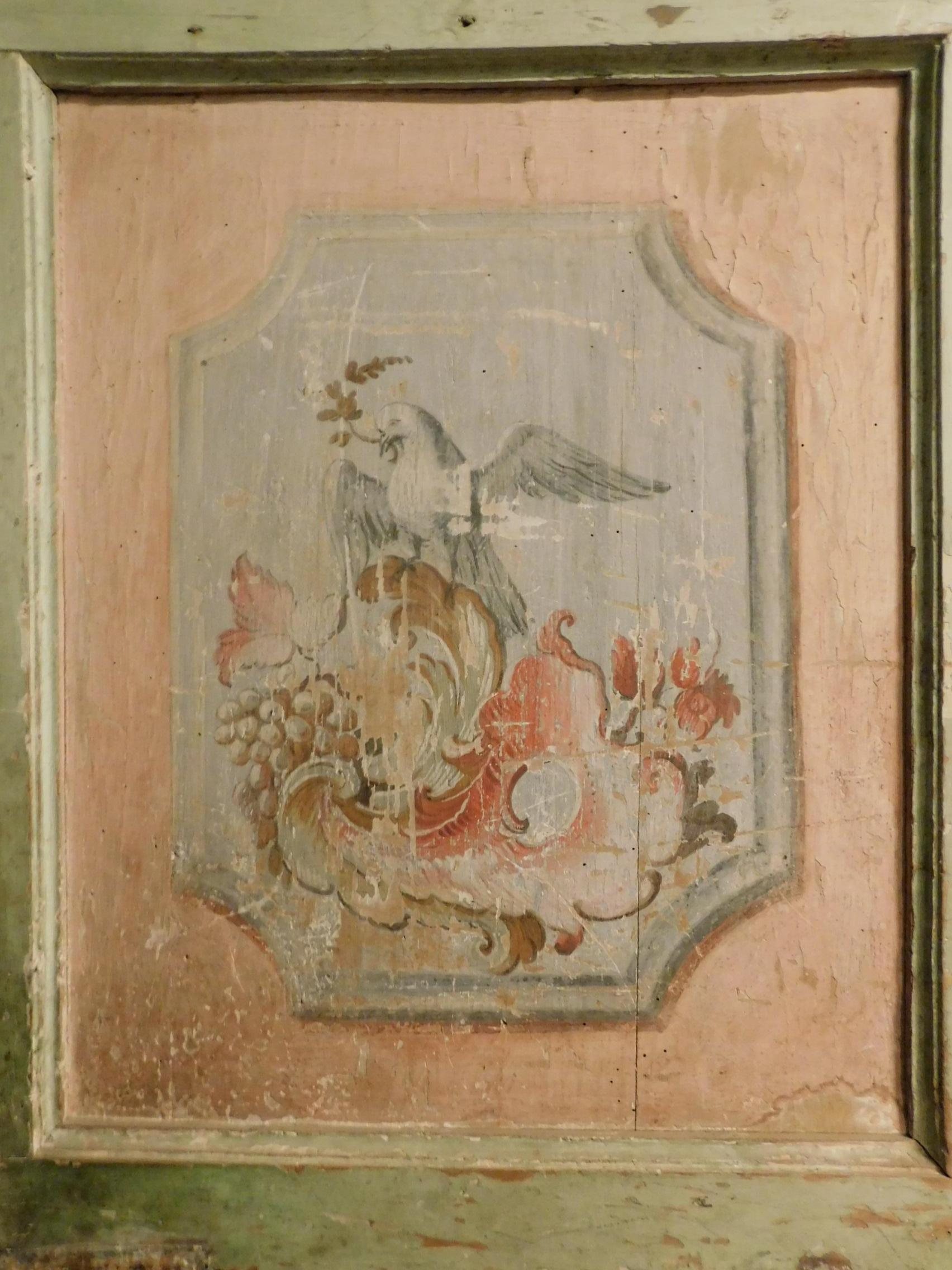 Italian 19th Century Ancient Green and Pink Lacquered Wood Door, with Animals and Flower