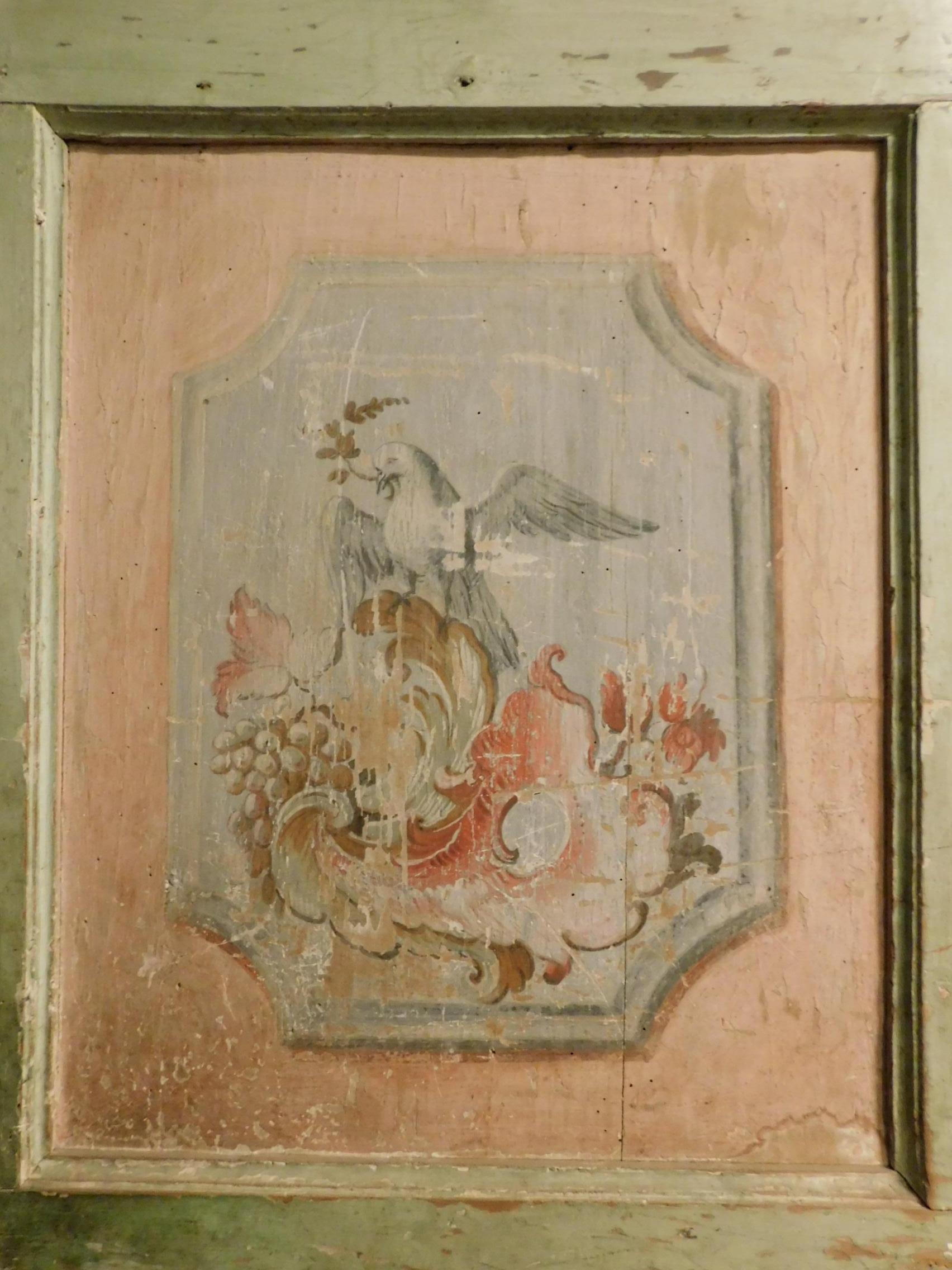 19th Century Ancient Green and Pink Lacquered Wood Door, with Animals and Flower In Good Condition In Cuneo, Italy (CN)
