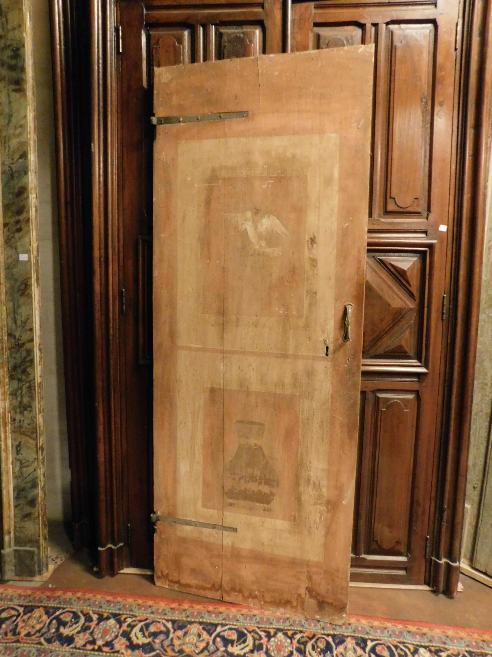 19th Century Ancient Green and Pink Lacquered Wood Door, with Animals and Flower 2