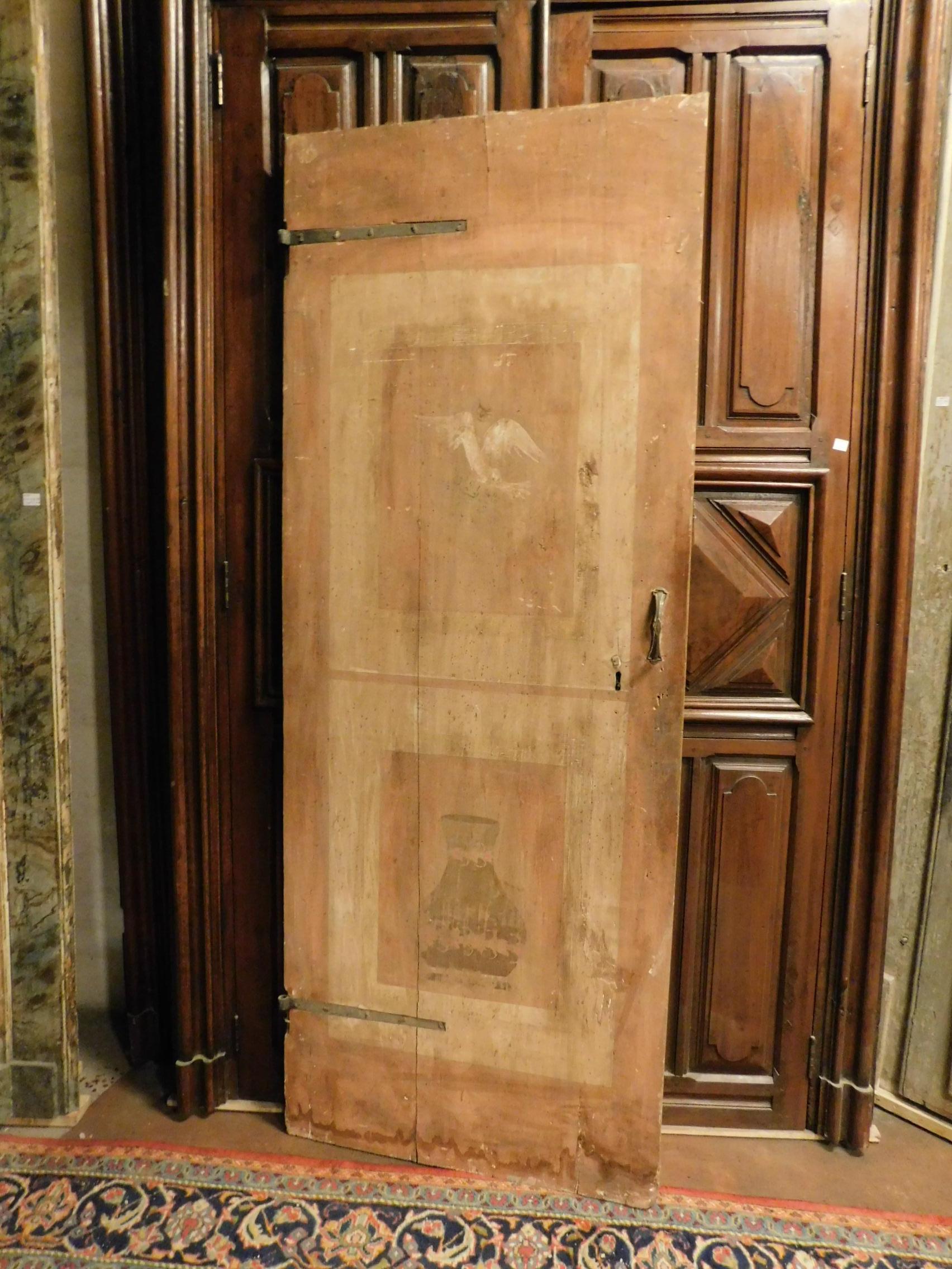 19th Century Ancient Green and Pink Lacquered Wood Door, with Animals and Flower 3
