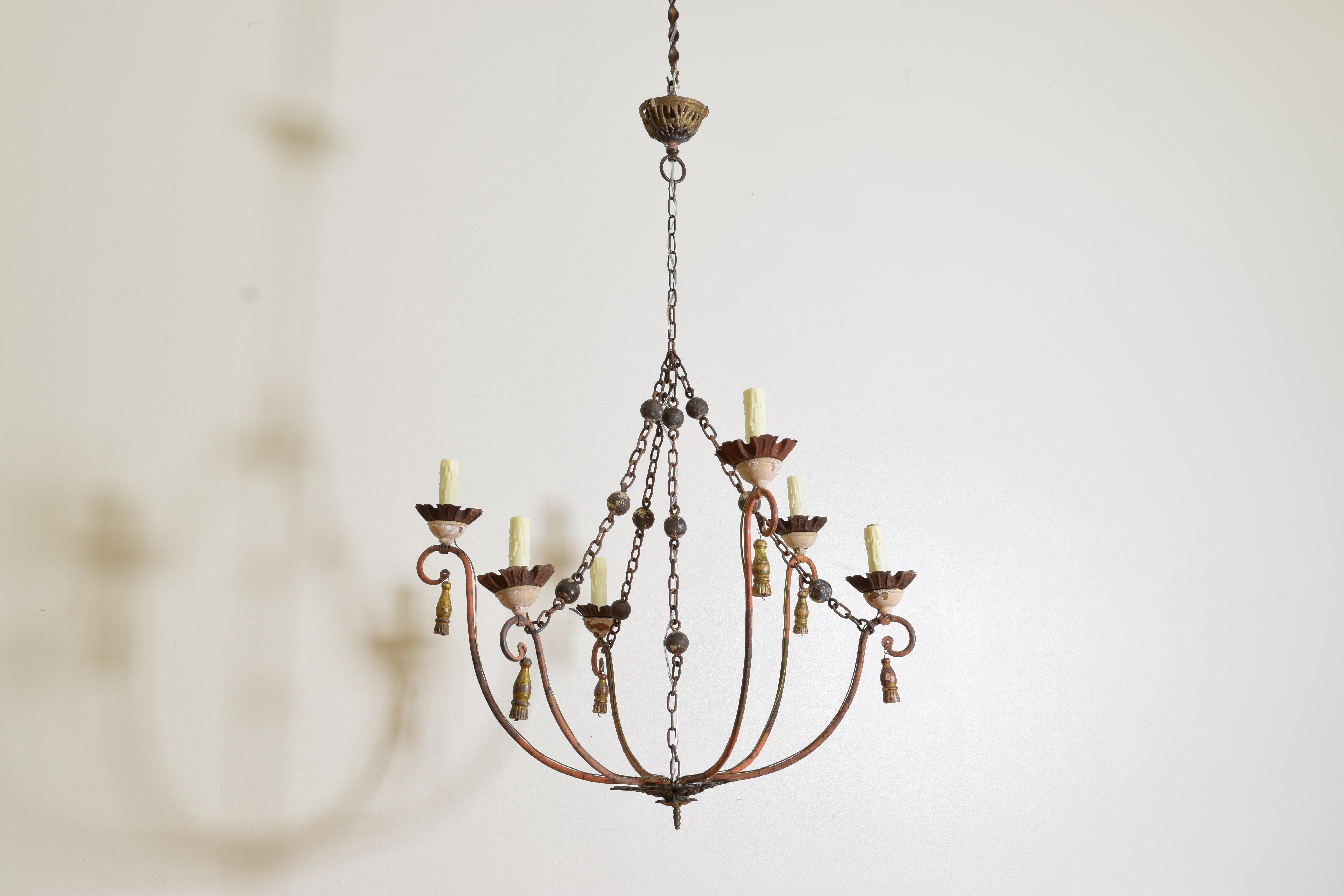 Rococo 19th Century and Later Painted Iron Six Light Chandelier For Sale