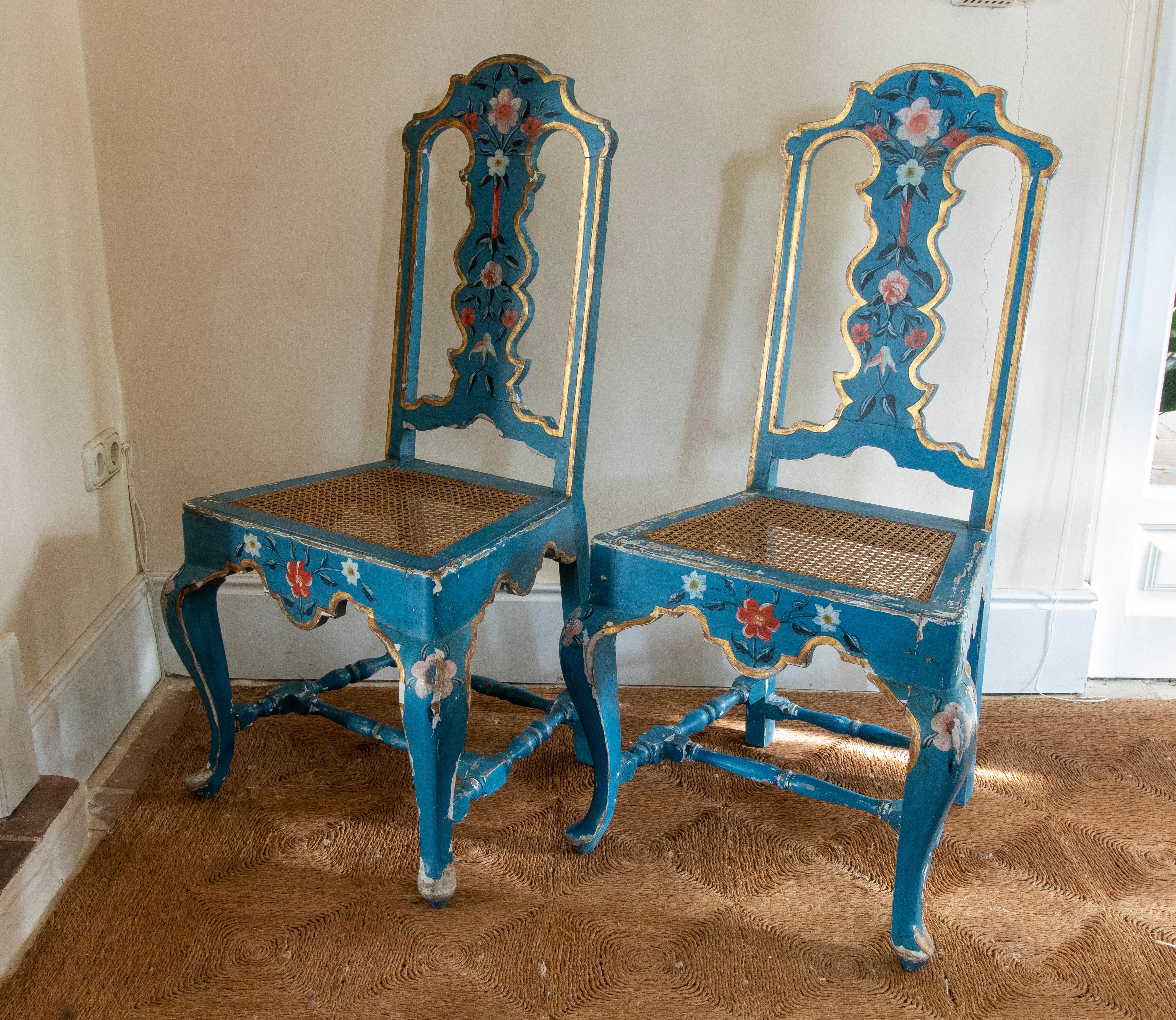19th Century Andalusian pair of Hand-Painted chairs with Latticework seat.