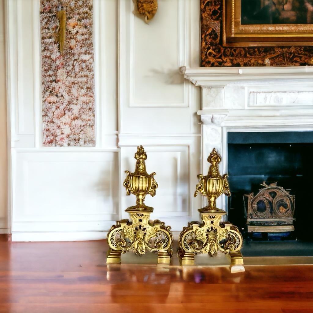 French 19th Century Andirons in Gilt Bronze, Signed by Ferdinand Barbedienne For Sale