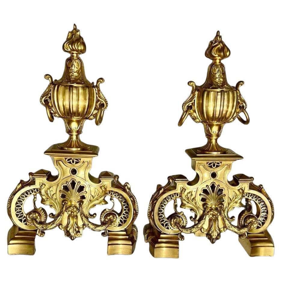 19th Century Andirons in Gilt Bronze, Signed by Ferdinand Barbedienne For Sale