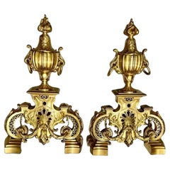 Antique 19th Century Andirons in Gilt Bronze, Signed by Ferdinand Barbedienne