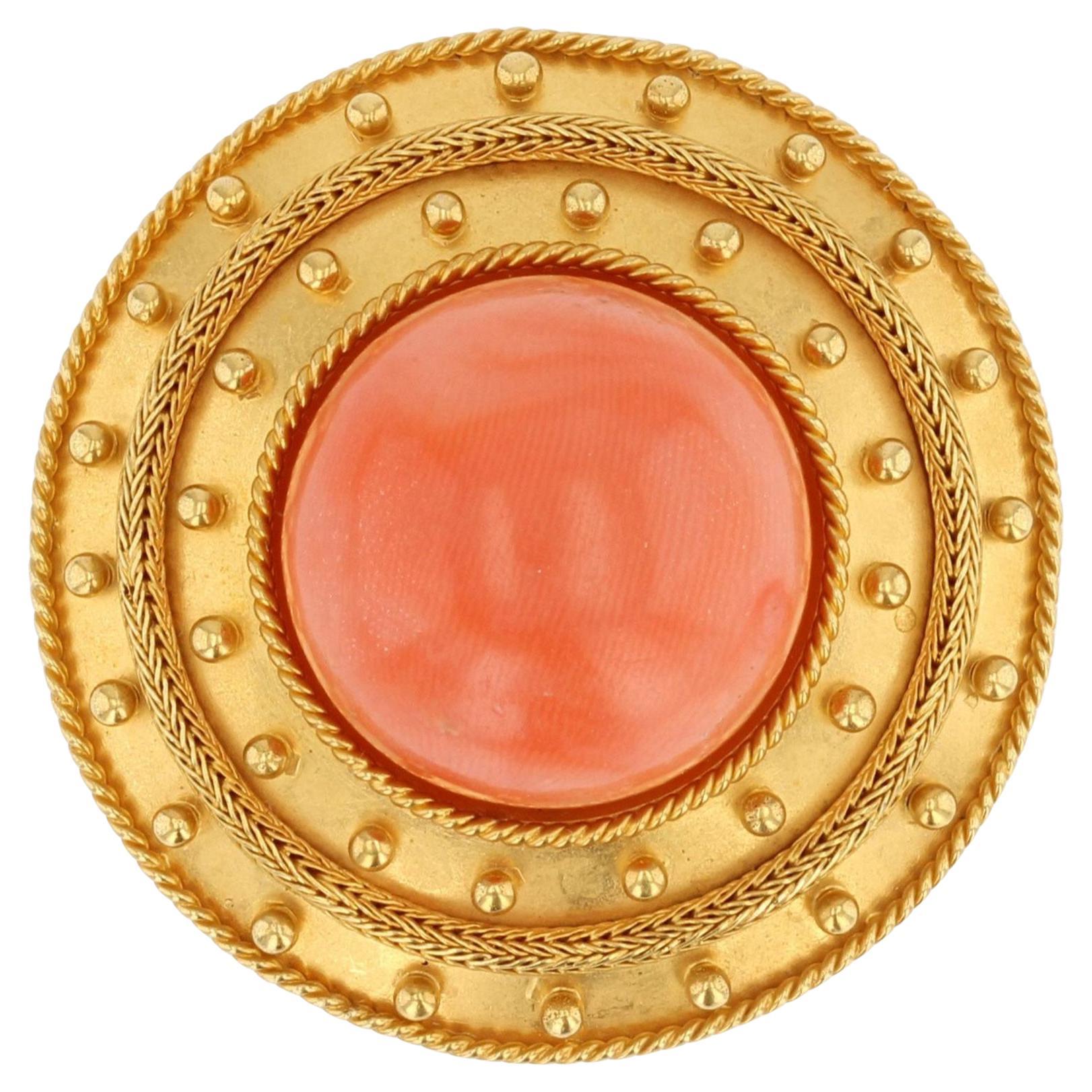 19th Century Angel Skin Coral Pearl 18 Karat Yellow Matt Gold Brooch