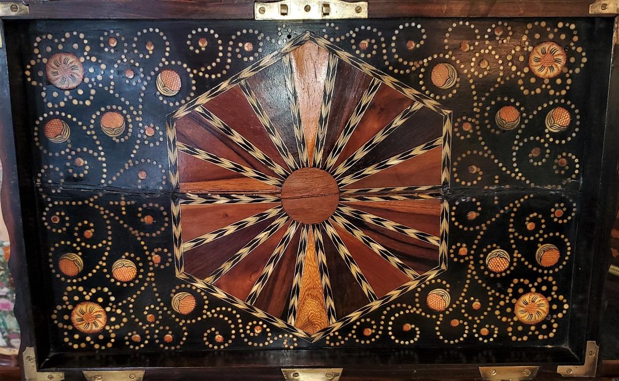 Hand-Carved 19th Century Anglo Ceylonese Coromandel Box with Specimen Wood Inlays