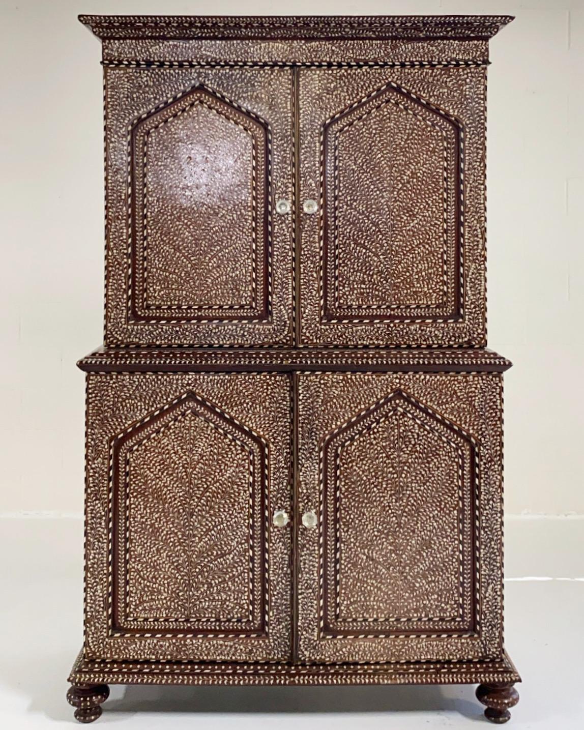 Inlay 19th Century Anglo-Colonial Two-Part Bone Inlaid Cabinet