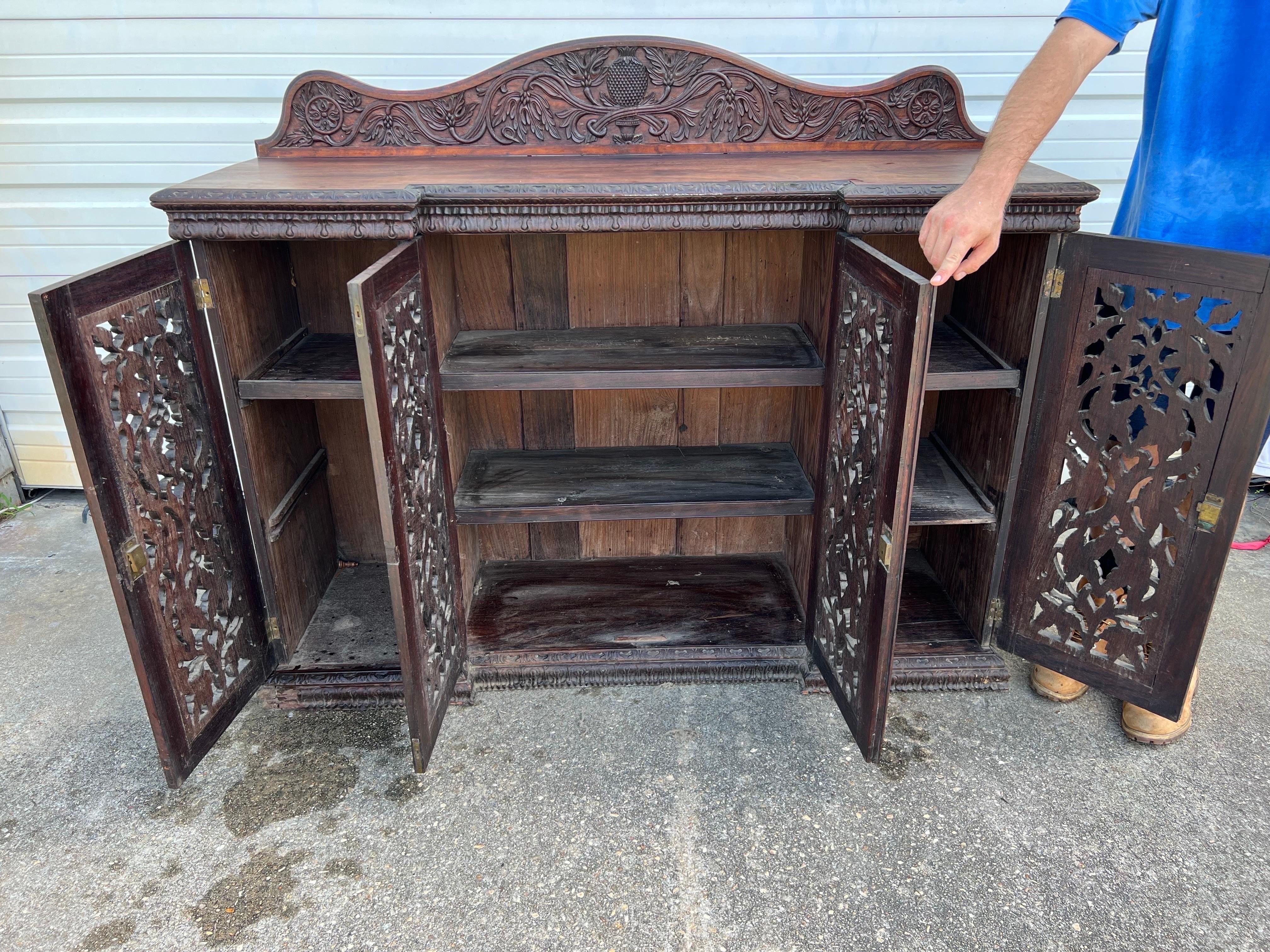 19th Century, Anglo Indian 4 Door Credenza with Carved Pineapple Backsplash For Sale 1