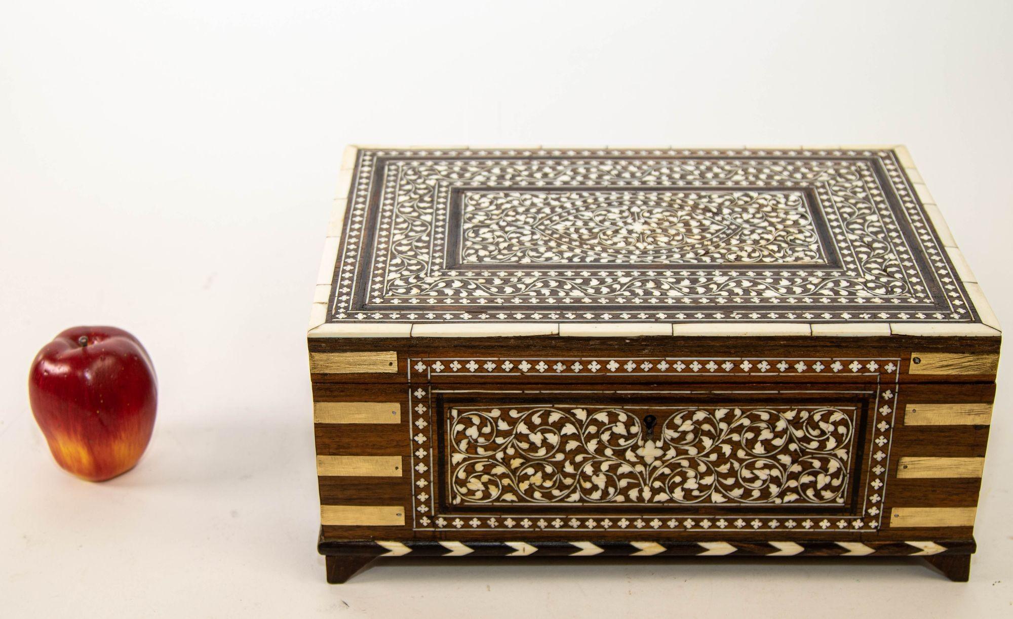 Anglo-Indian 19th Century Anglo Indian Brass Bound Bone Inlaid Stationery Writing Box