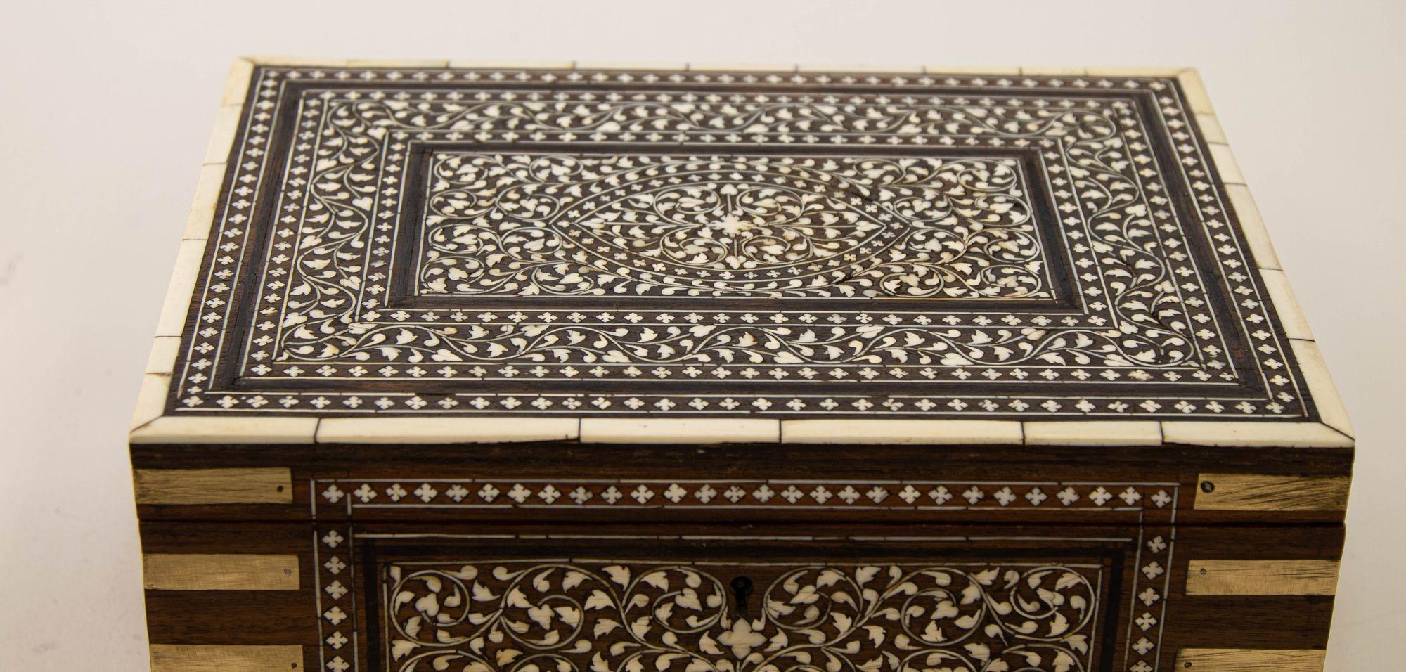 Inlay 19th Century Anglo Indian Brass Bound Bone Inlaid Stationery Writing Box