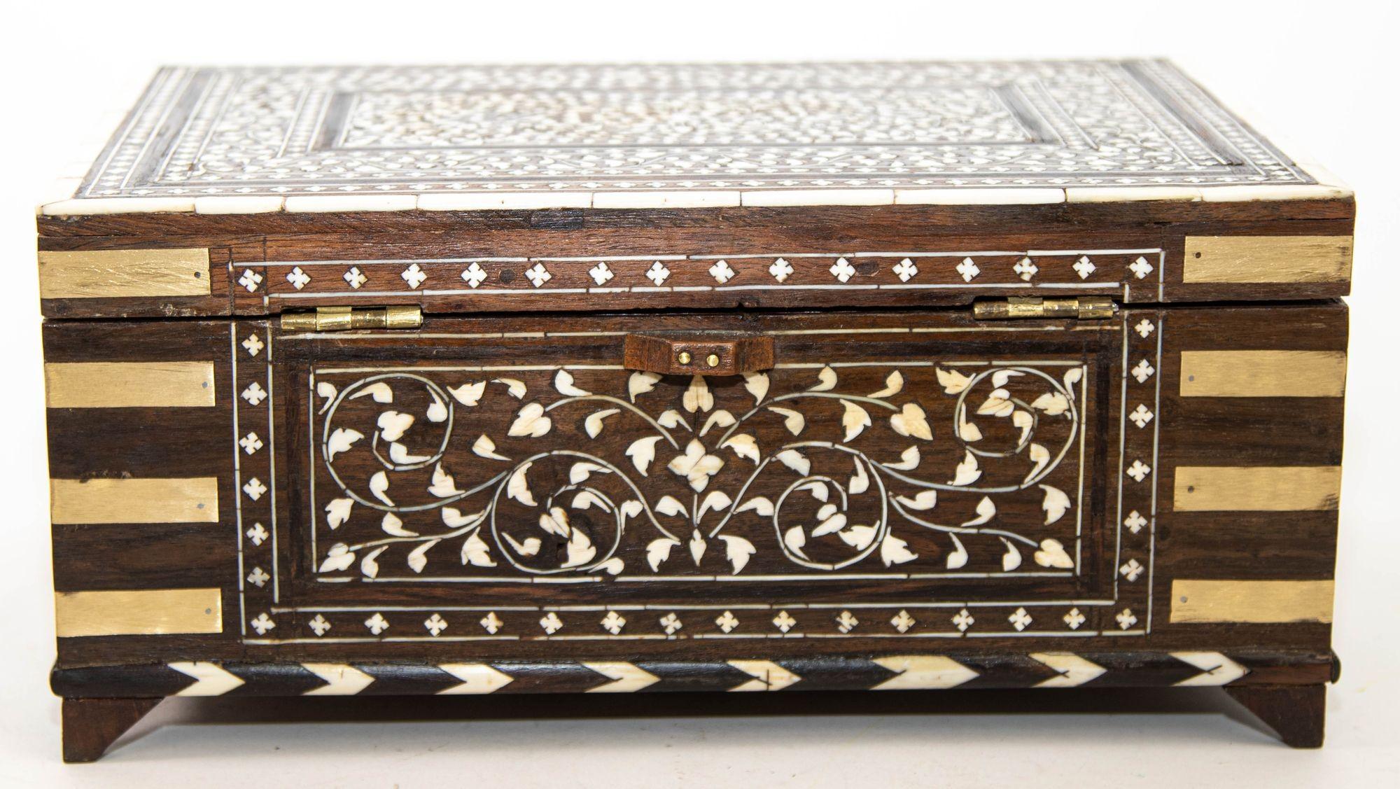 19th Century Anglo Indian Brass Bound Bone Inlaid Stationery Writing Box 1