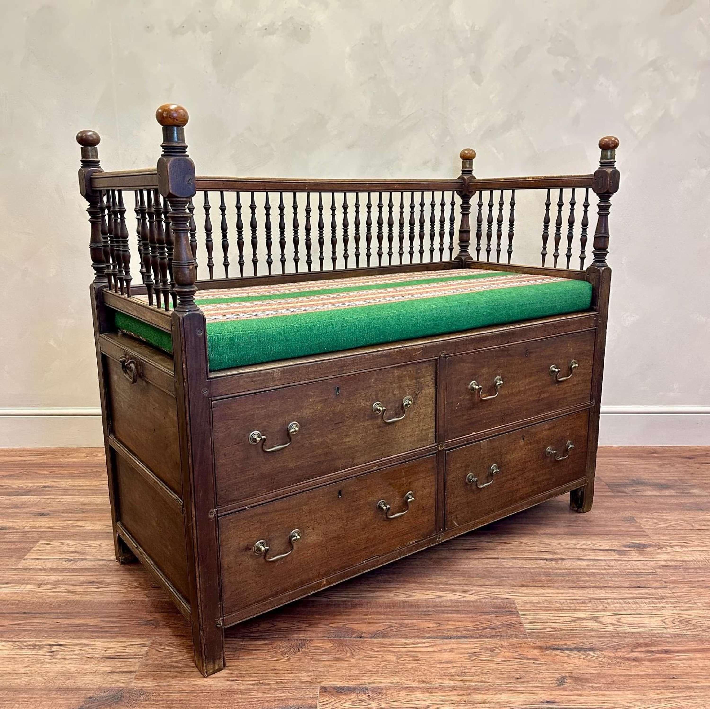 Rare 19th Century, Anglo Indian, walnut Campaign Settle.
This versitile piece of furniture would have travelled all over the world, made for the '1st Class' traveller.
As shown, an original shipping label remains, with the inscription: 'Mary J