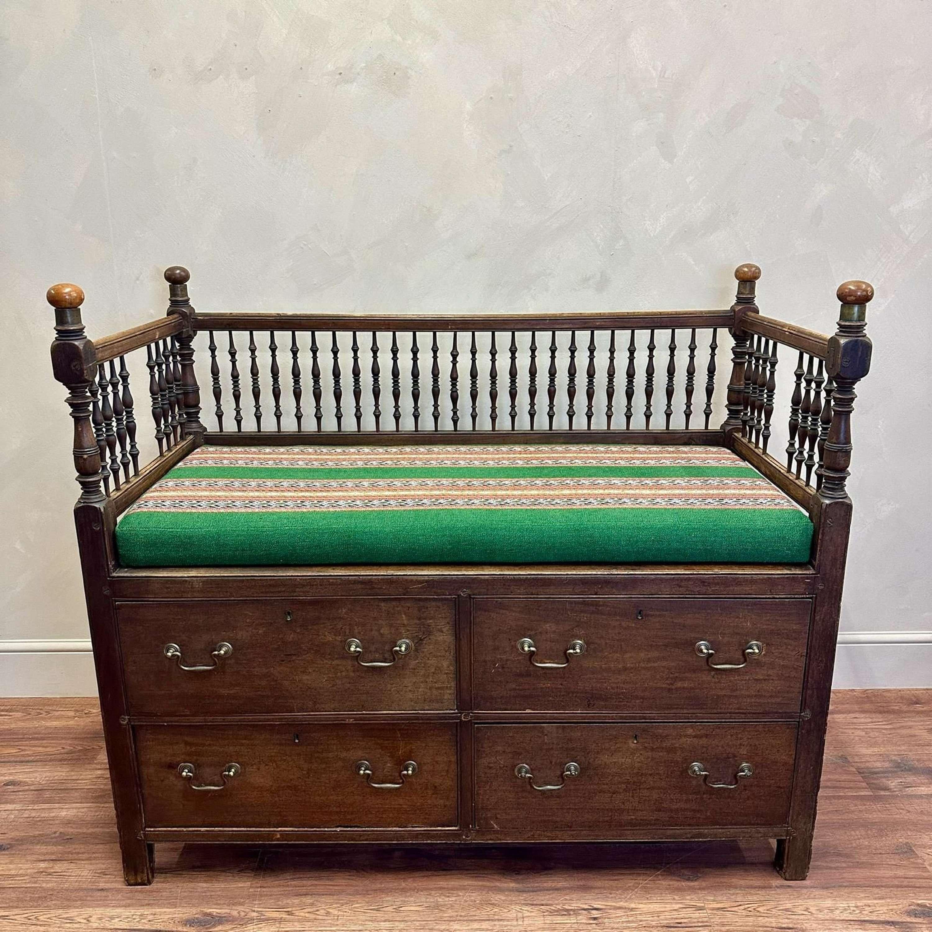 Hand-Carved 19th Century Anglo Indian Campaign Settle Bench  For Sale