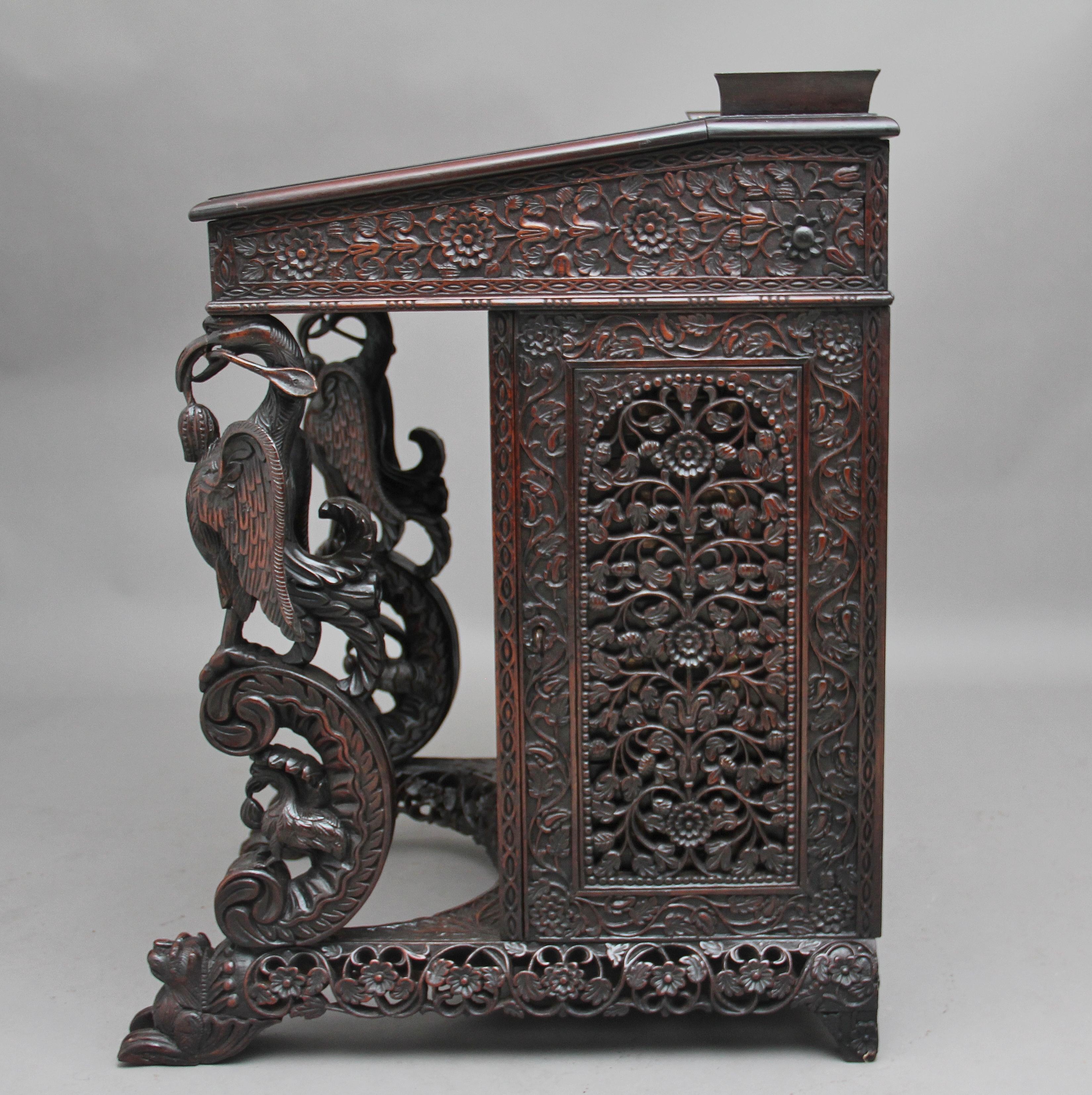 19th Century Anglo-Indian carved davenport with carved griffin supports 4