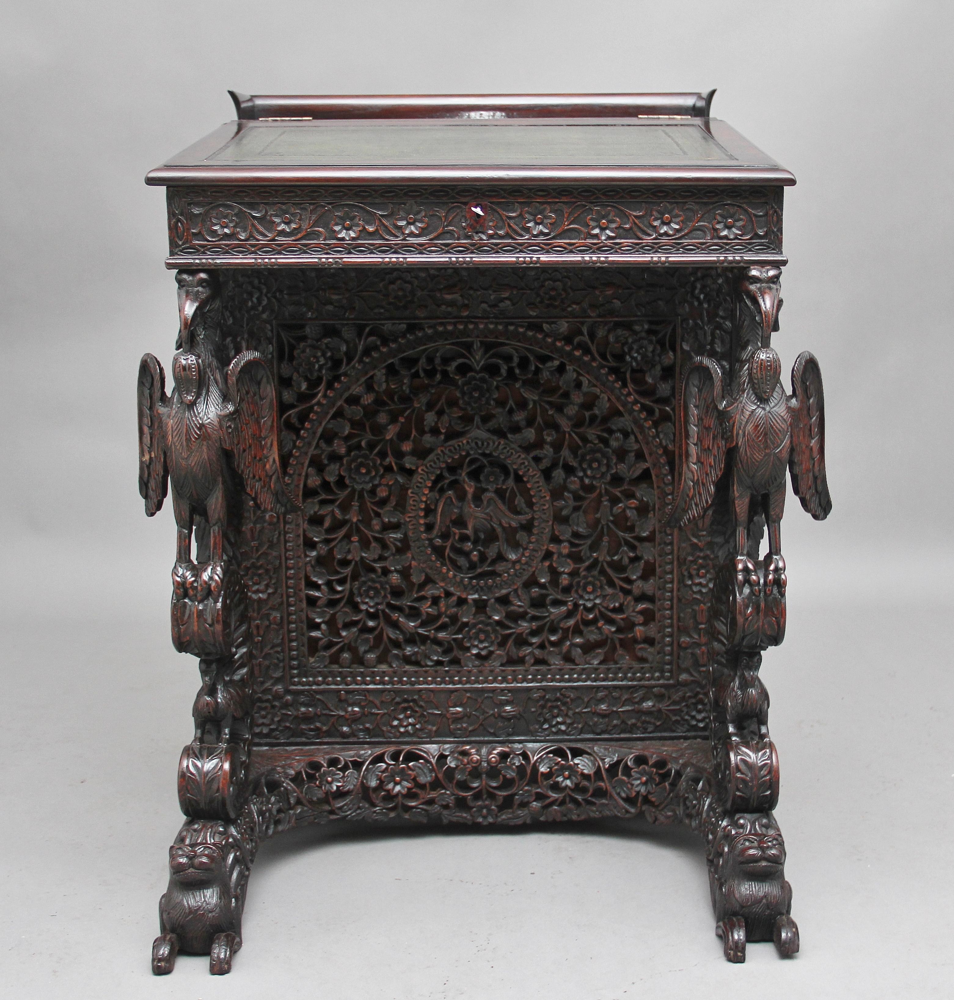 19th Century Anglo-Indian carved davenport with carved griffin supports 5
