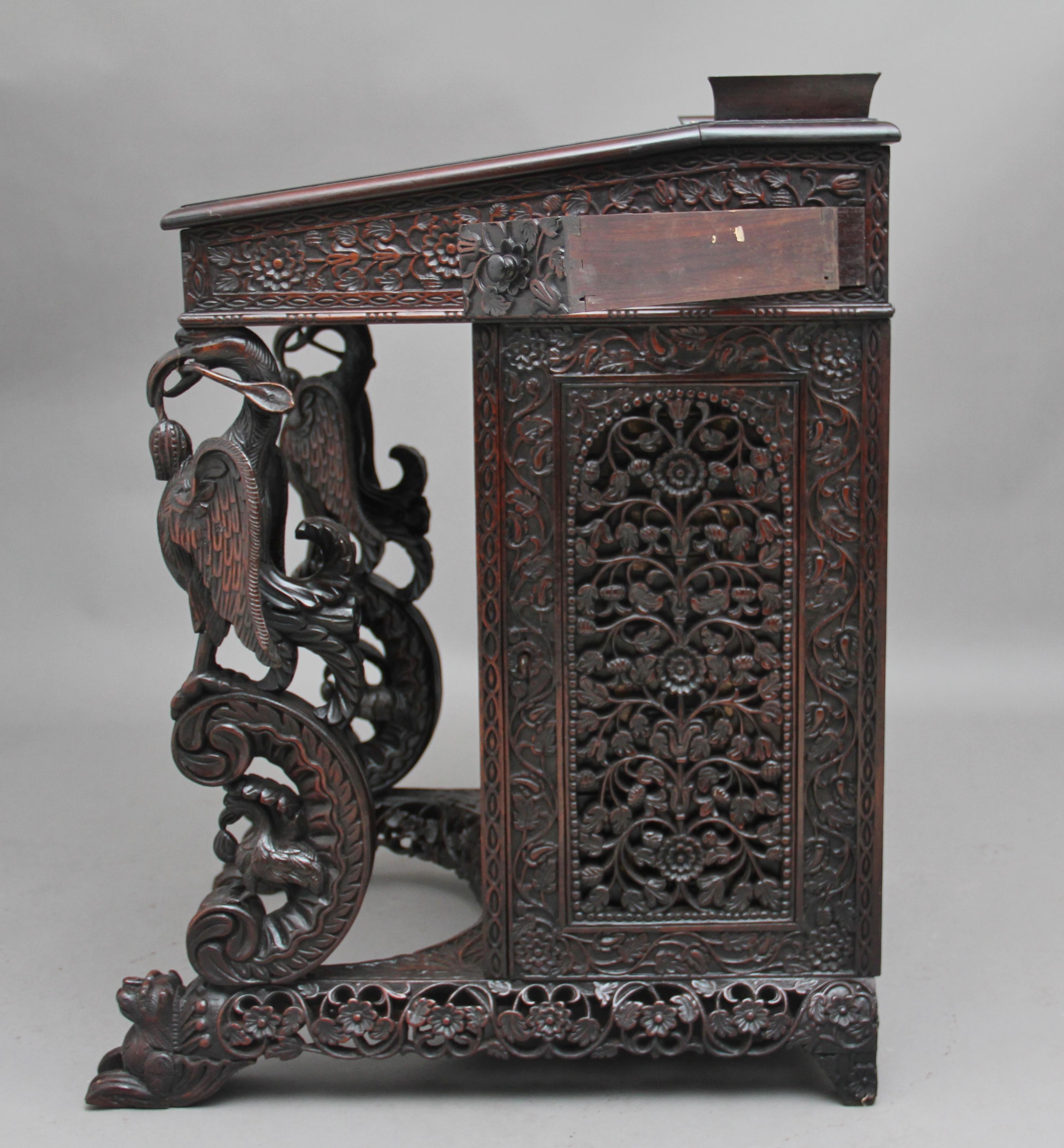 19th Century Anglo-Indian carved davenport with carved griffin supports 6