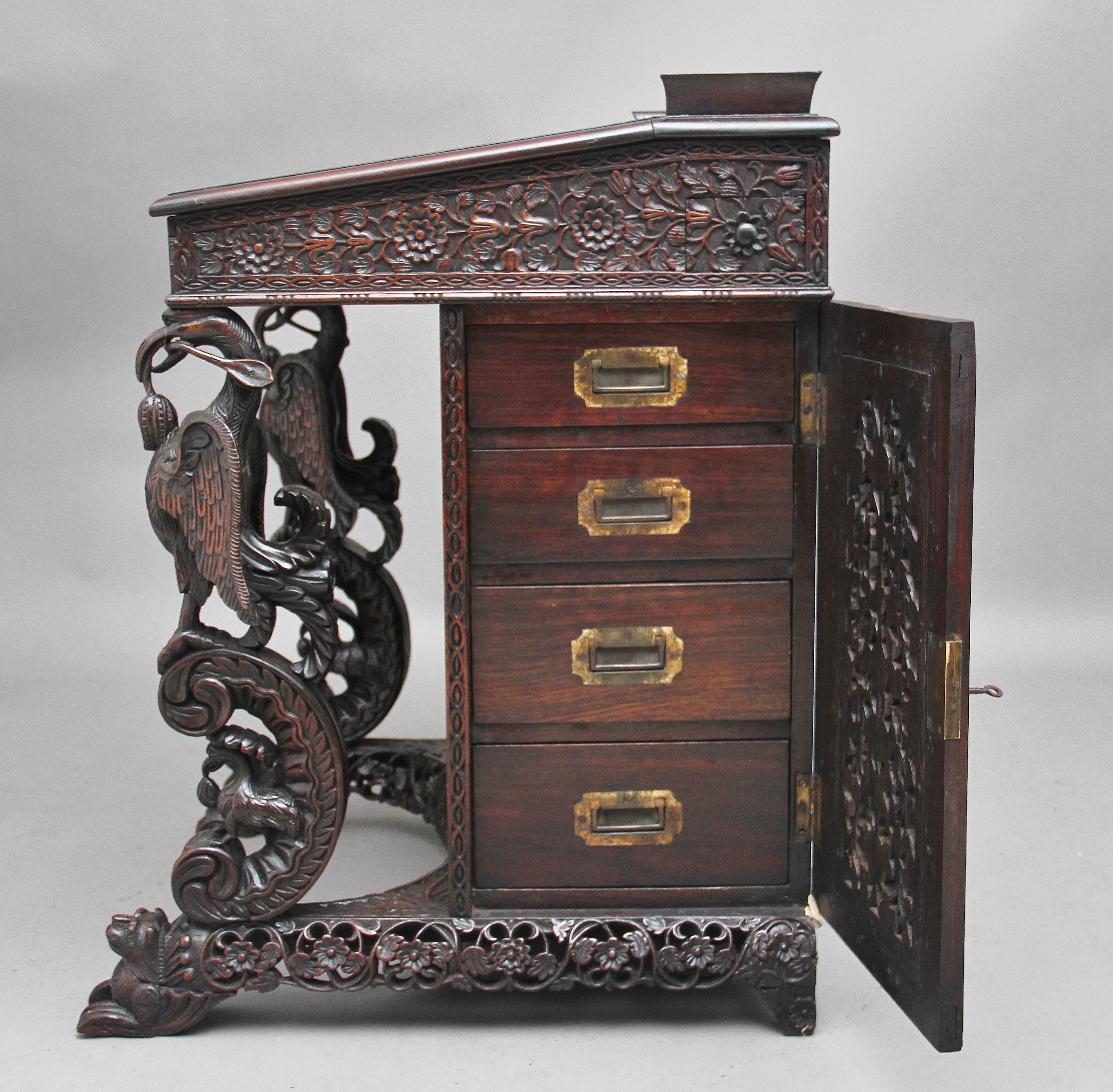 19th Century Anglo-Indian carved davenport with carved griffin supports 7