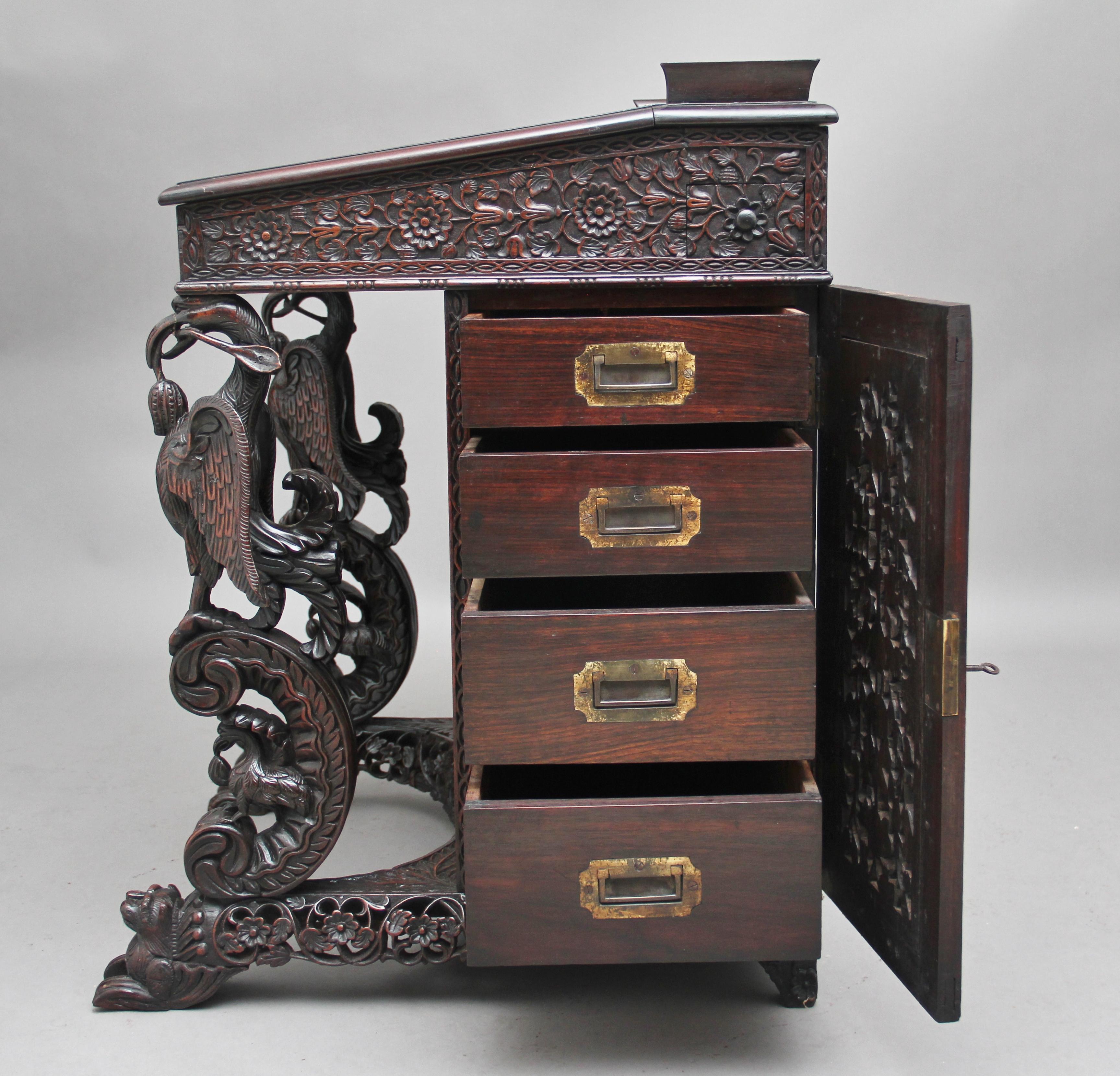 19th Century Anglo-Indian carved davenport with carved griffin supports 8
