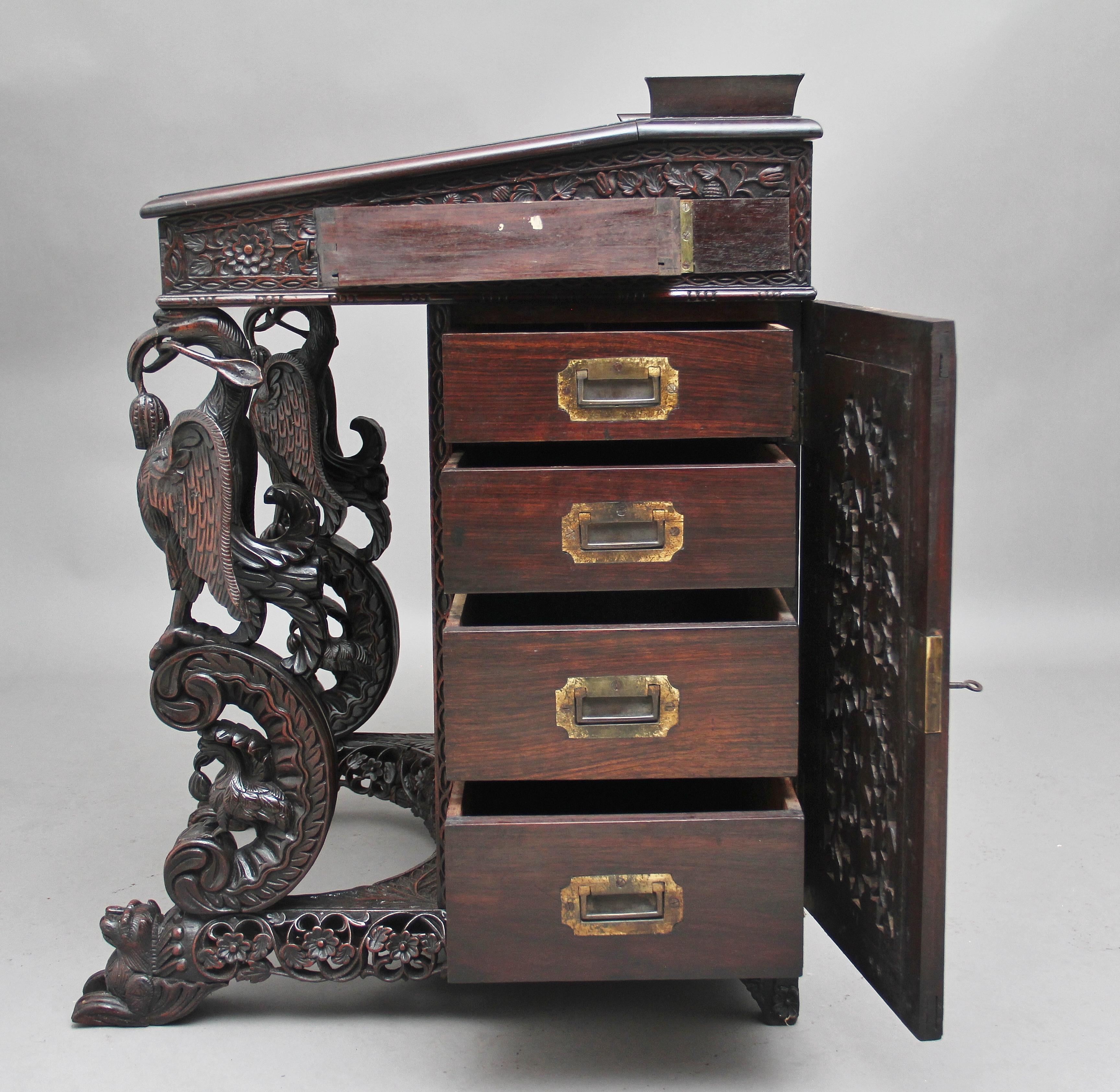 19th Century Anglo-Indian carved davenport with carved griffin supports 9